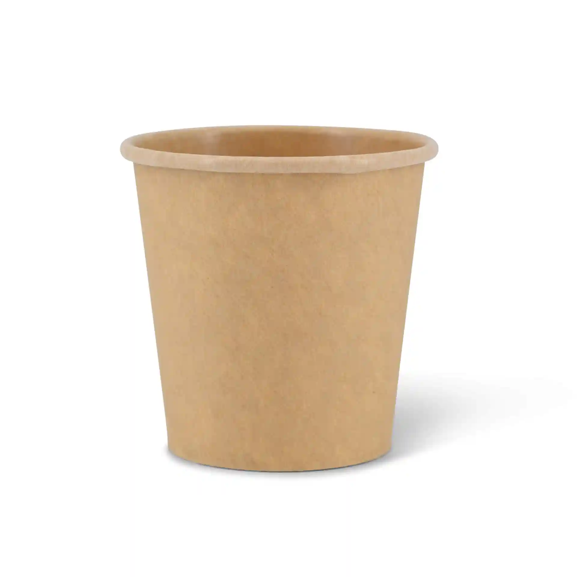 Bruine ronde kartonnen deli-container met een hoogte van 61 mm en een bovenste diameter van 62 mm.
