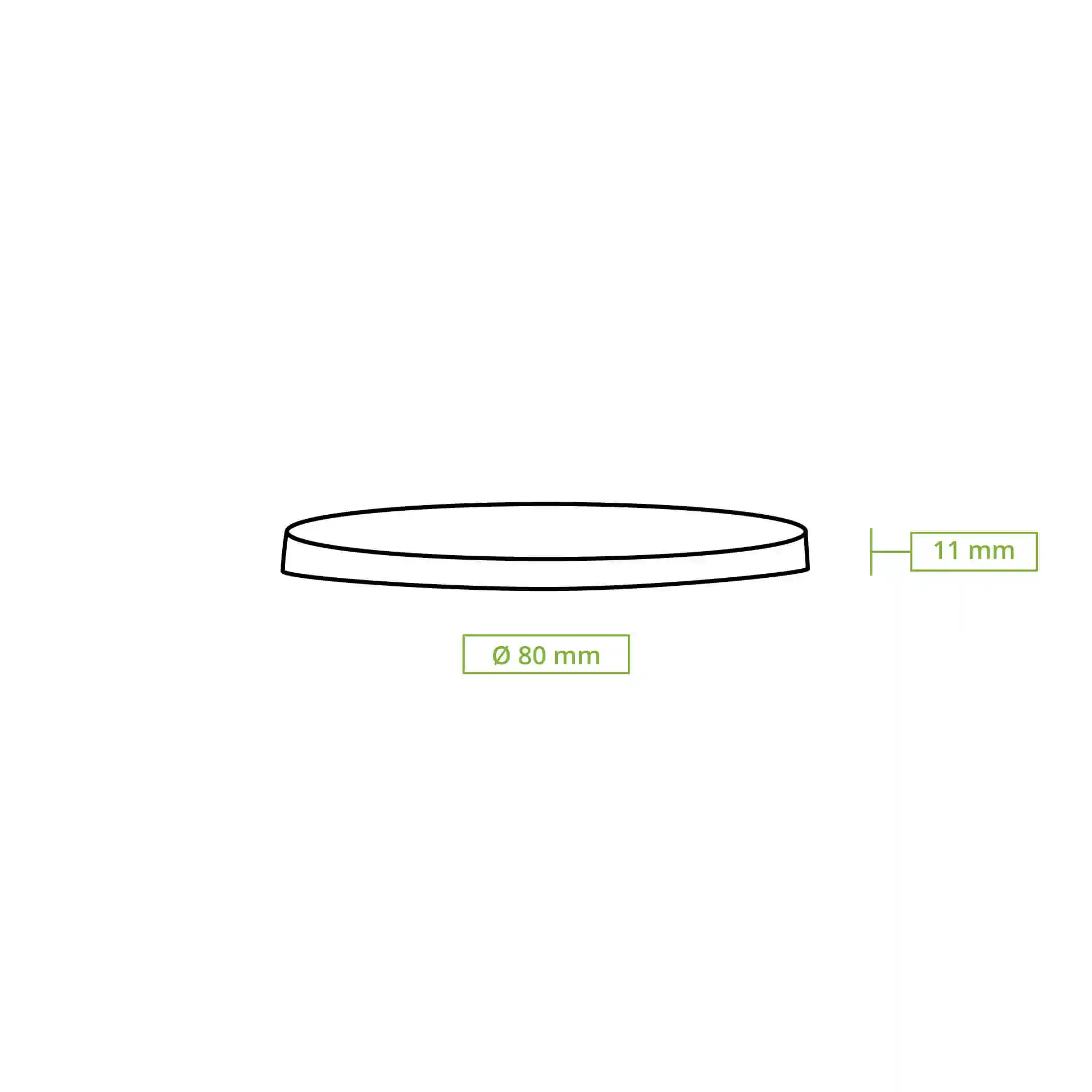 Schematische tekening van een papieren deksel met een diameter van 80 mm en een hoogte van 11 mm.