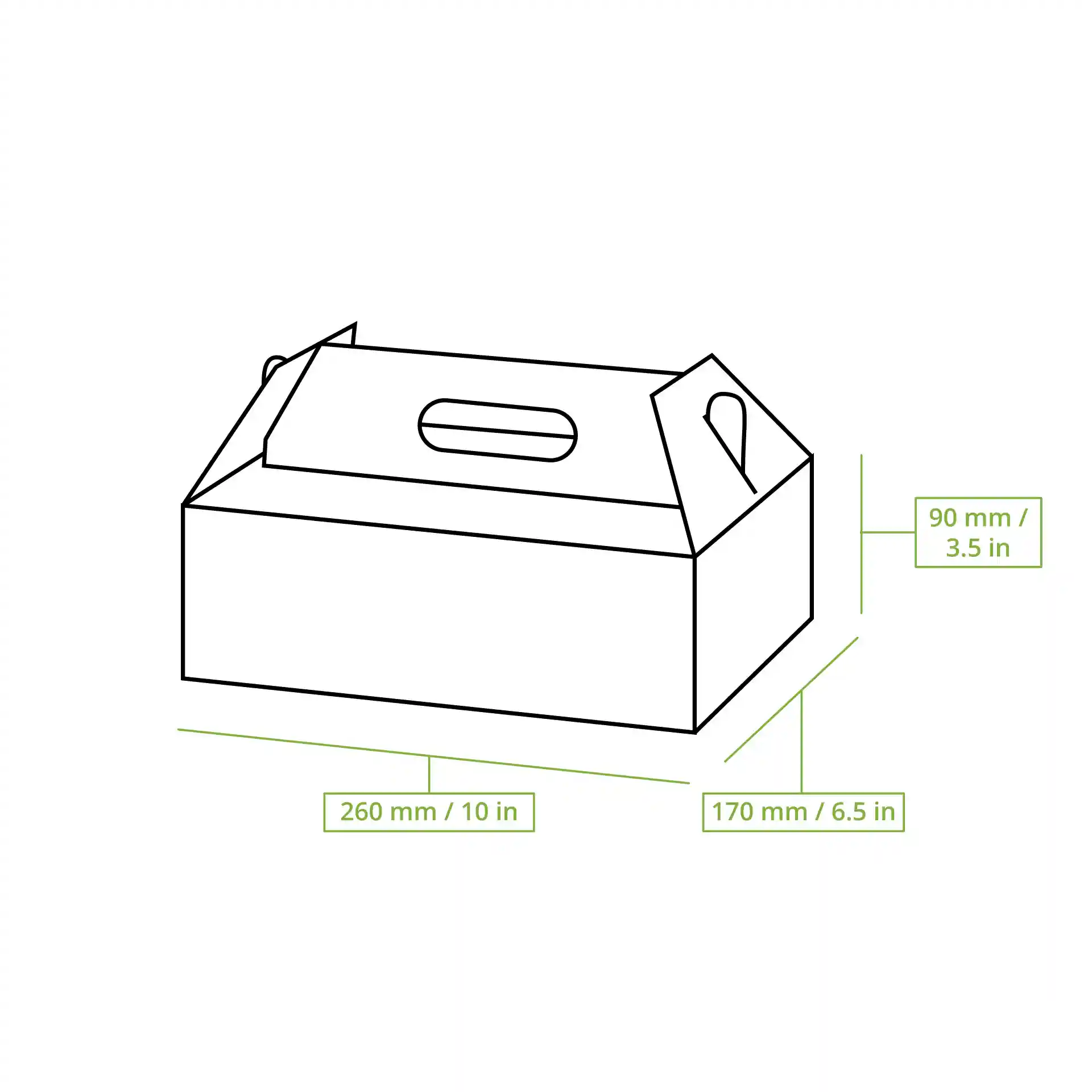 Schematische tekening van een rechthoekige kartonnen taartdoos met afmetingen: 260 mm lengte, 170 mm breedte, 90 mm hoogte.