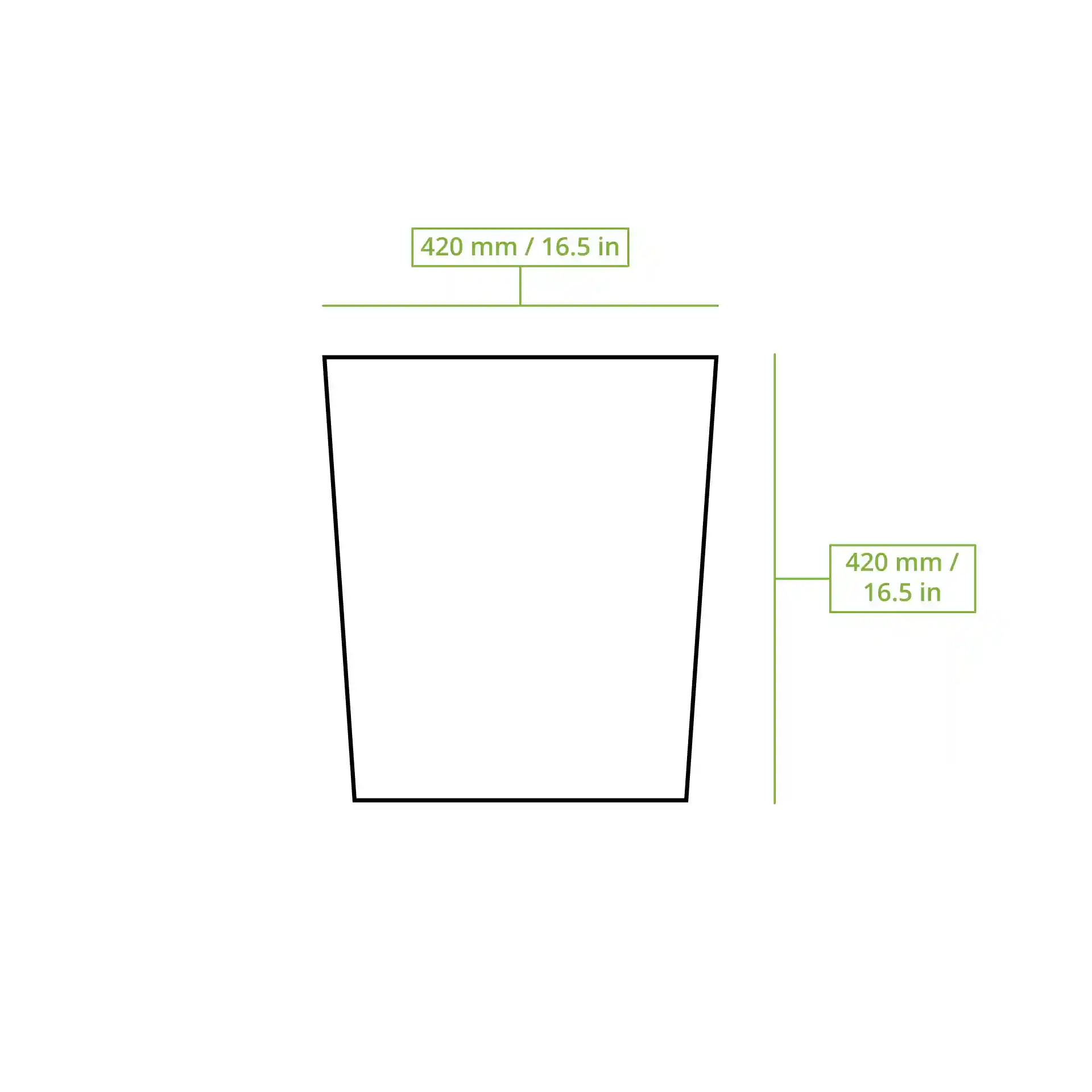Schematische tekening van een vierkante container met afmetingen van 420 mm bij 420 mm.