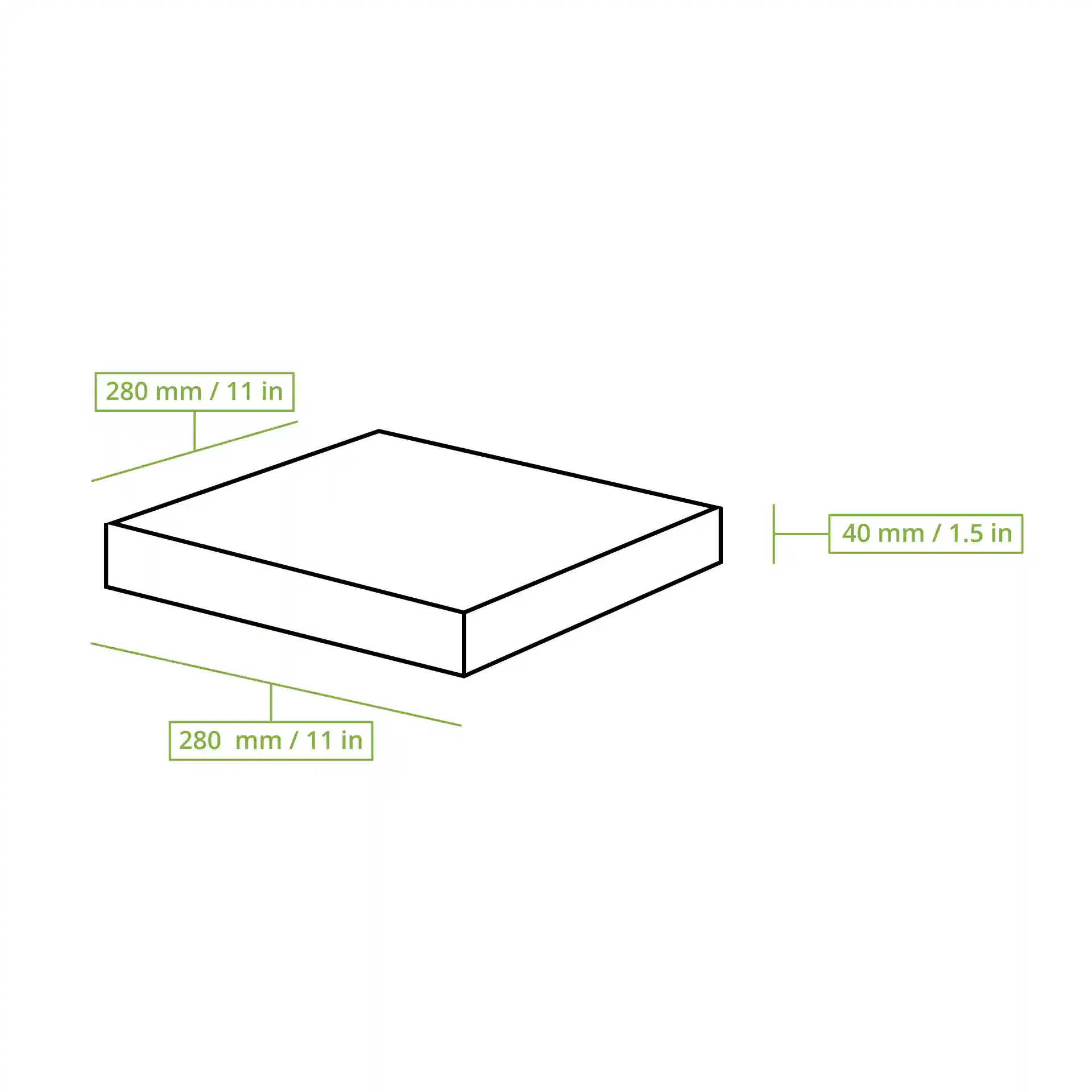 Schematische tekening van een vierkante pizzadoos met afmetingen van 280 mm x 280 mm x 40 mm.
