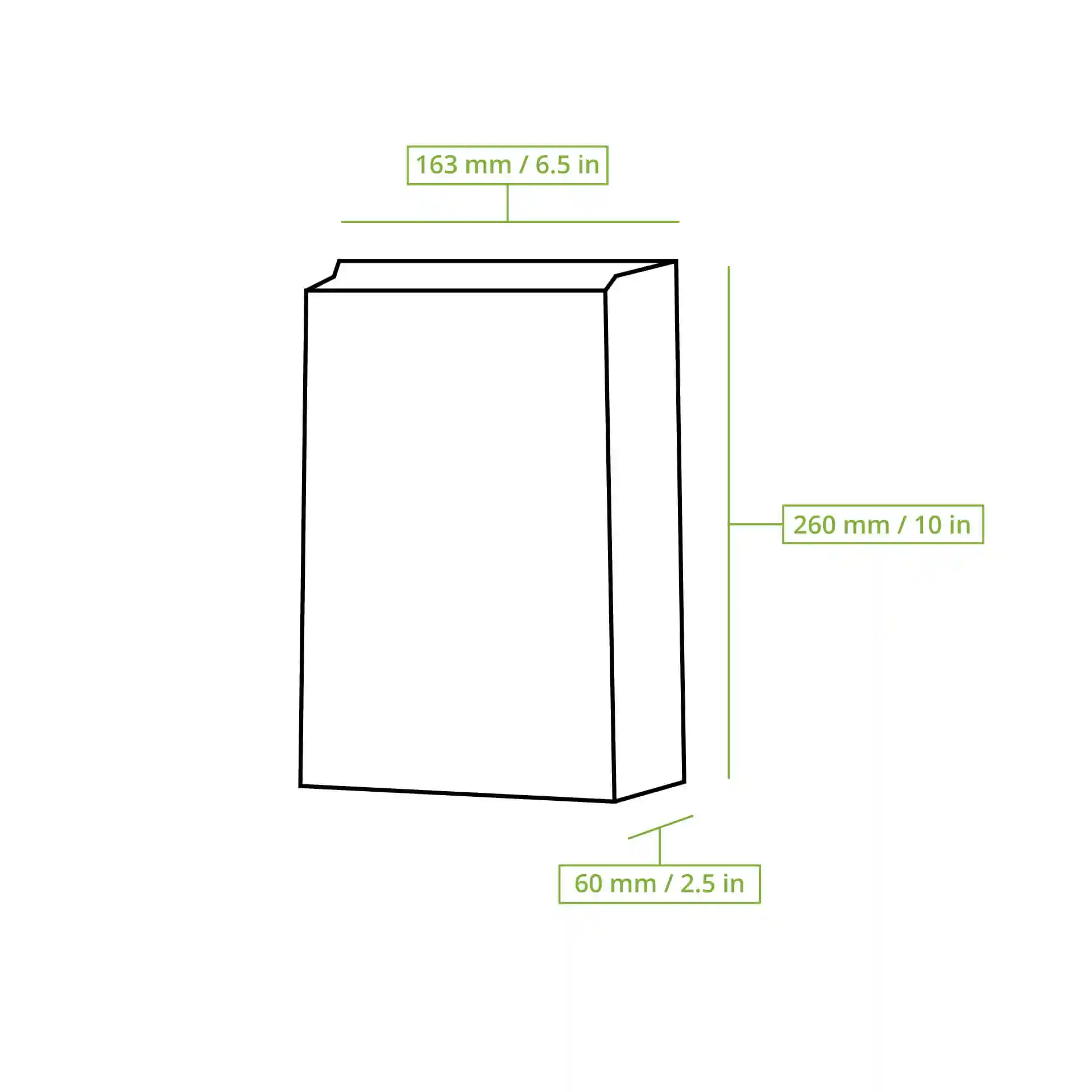 Schematische tekening van een snackzak met maatlijnen voor hoogte, lengte en breedte.