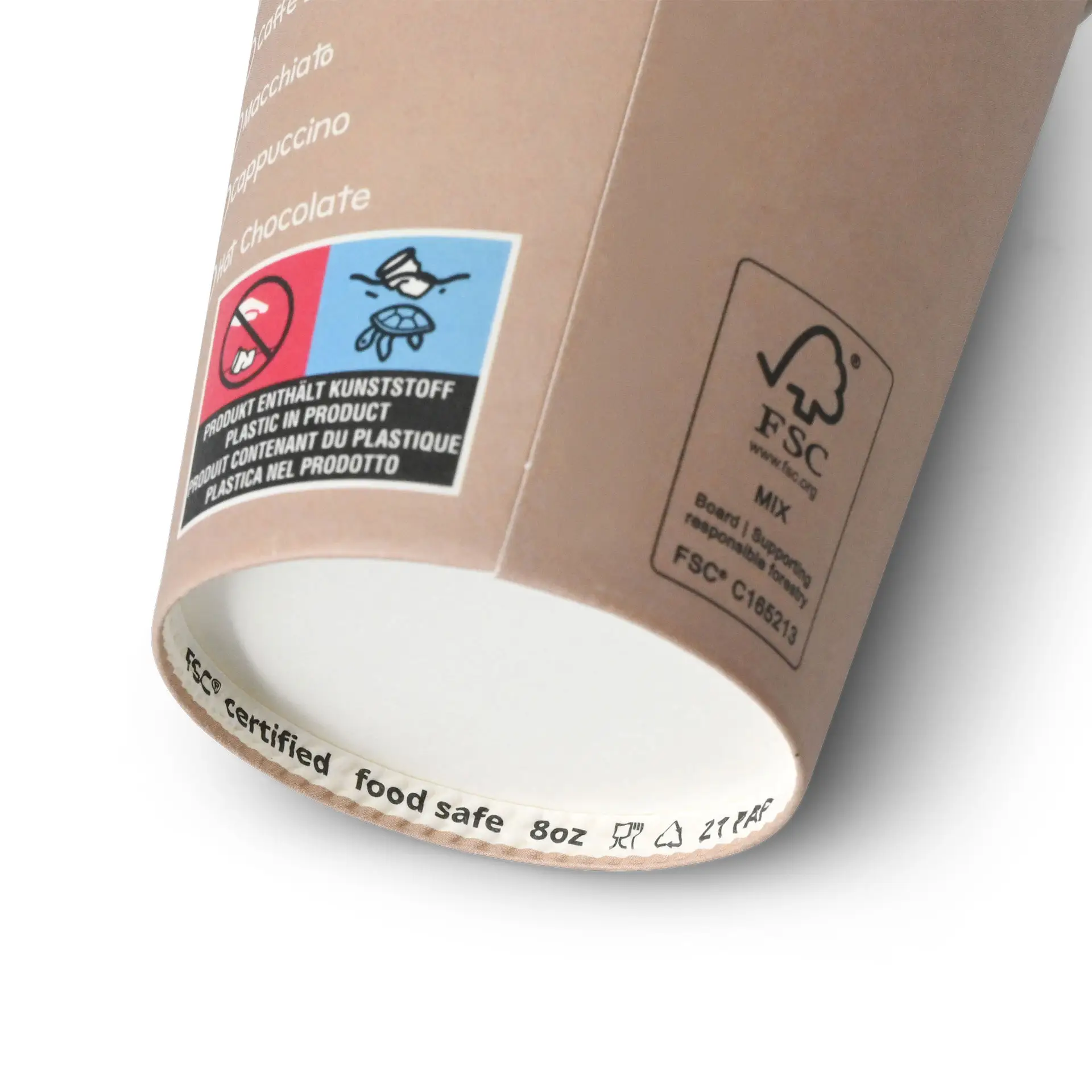 Eén 8 oz witte papieren beker met een bedrukt ontwerp; bevat logo's en labels met veiligheids- en recyclinginformatie.