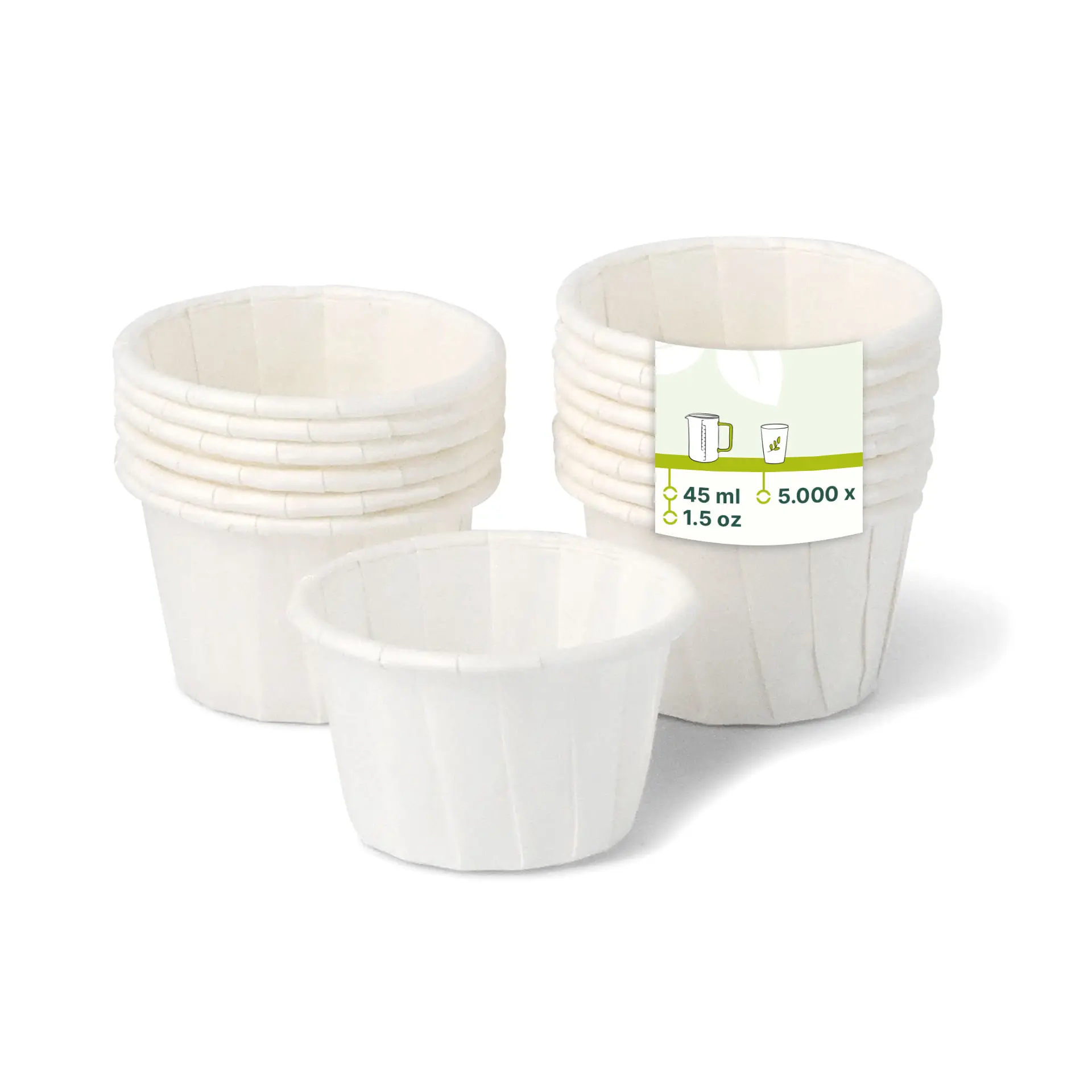 Witte papieren bekers met een vetbestendige afwerking, geschikt voor dips en kleine porties, gerangschikt met een label met capaciteitsdetails.