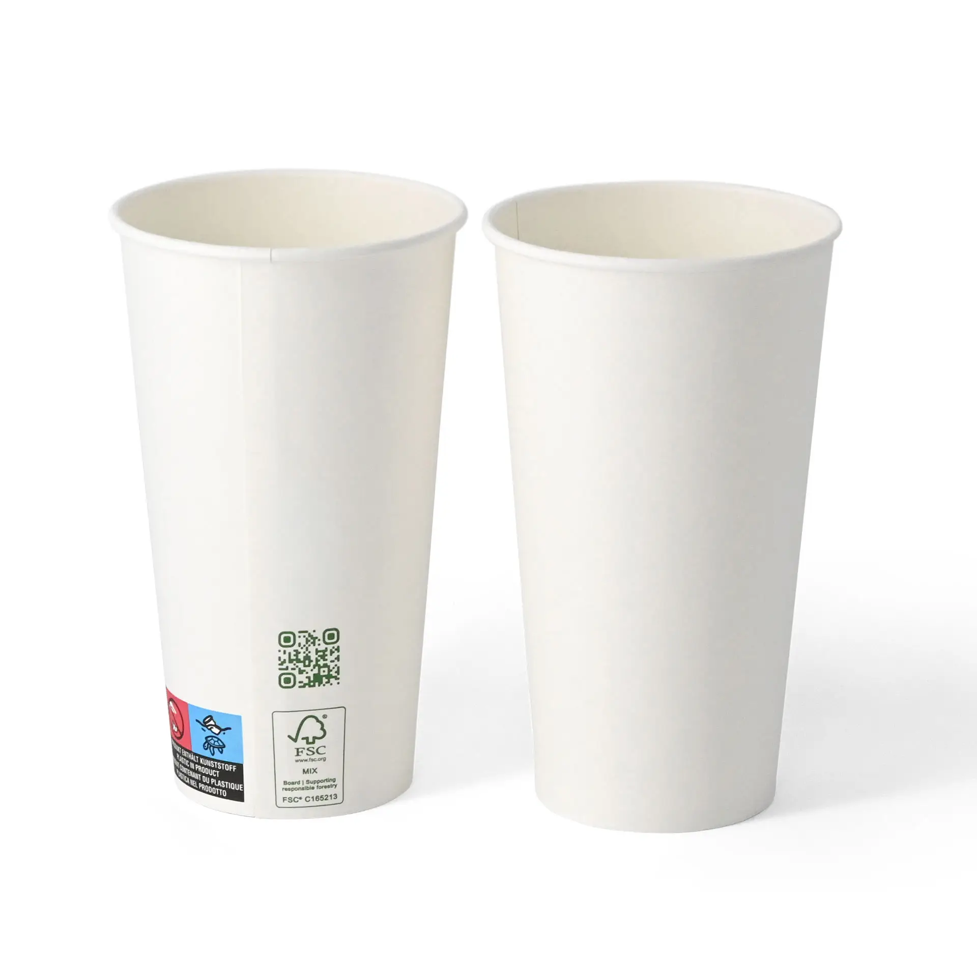 Eenvoudige witte papieren beker, 500 ml, gecoat met PLA, met een QR-code en informatie over duurzaamheid.