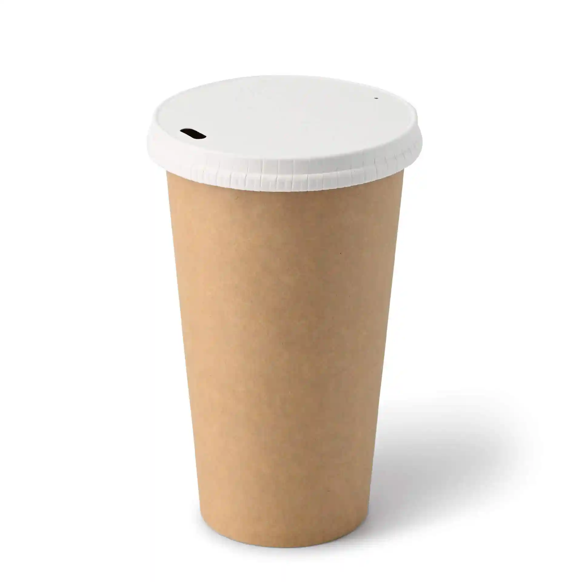 Bruine papieren beker met een witte deksel, ronde vorm, 20 oz capaciteit en gecoat kartonmateriaal.