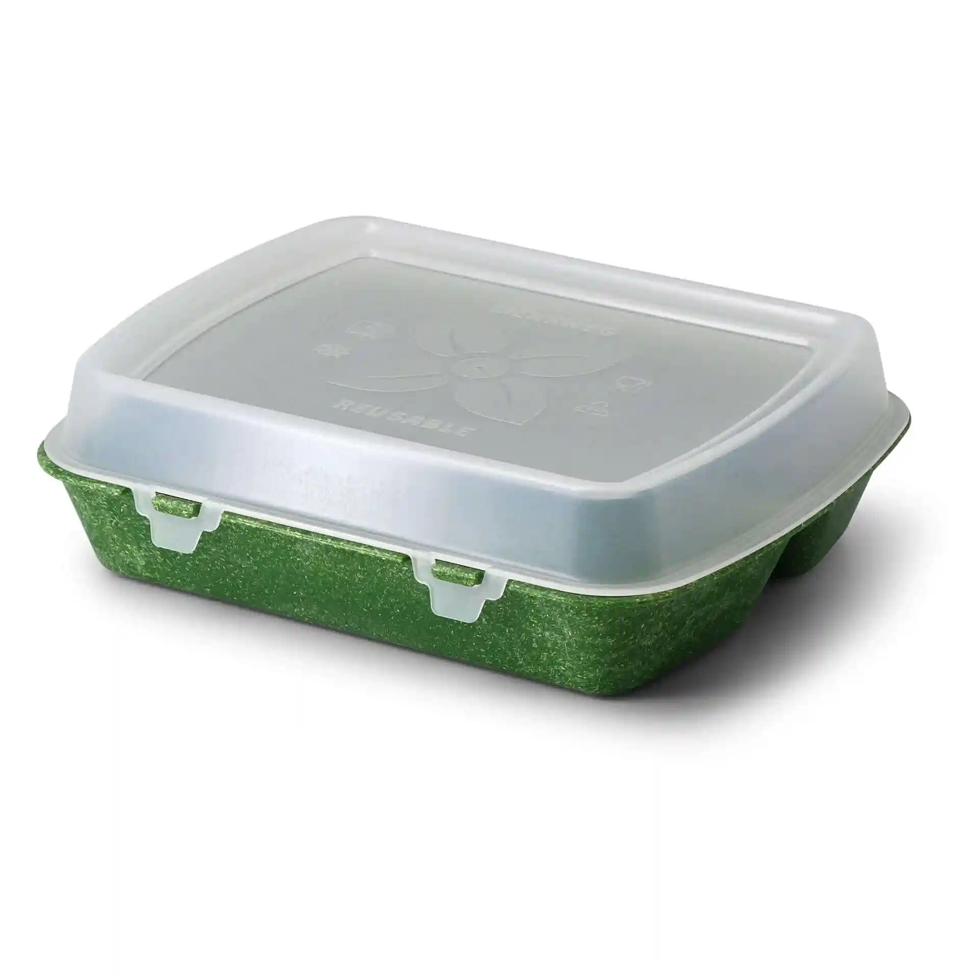 Herbruikbare maaltijdcontainer met drie compartimenten, spinaziegroen en donkergroen, afmetingen 24,5 x 20 x 4,5 cm.