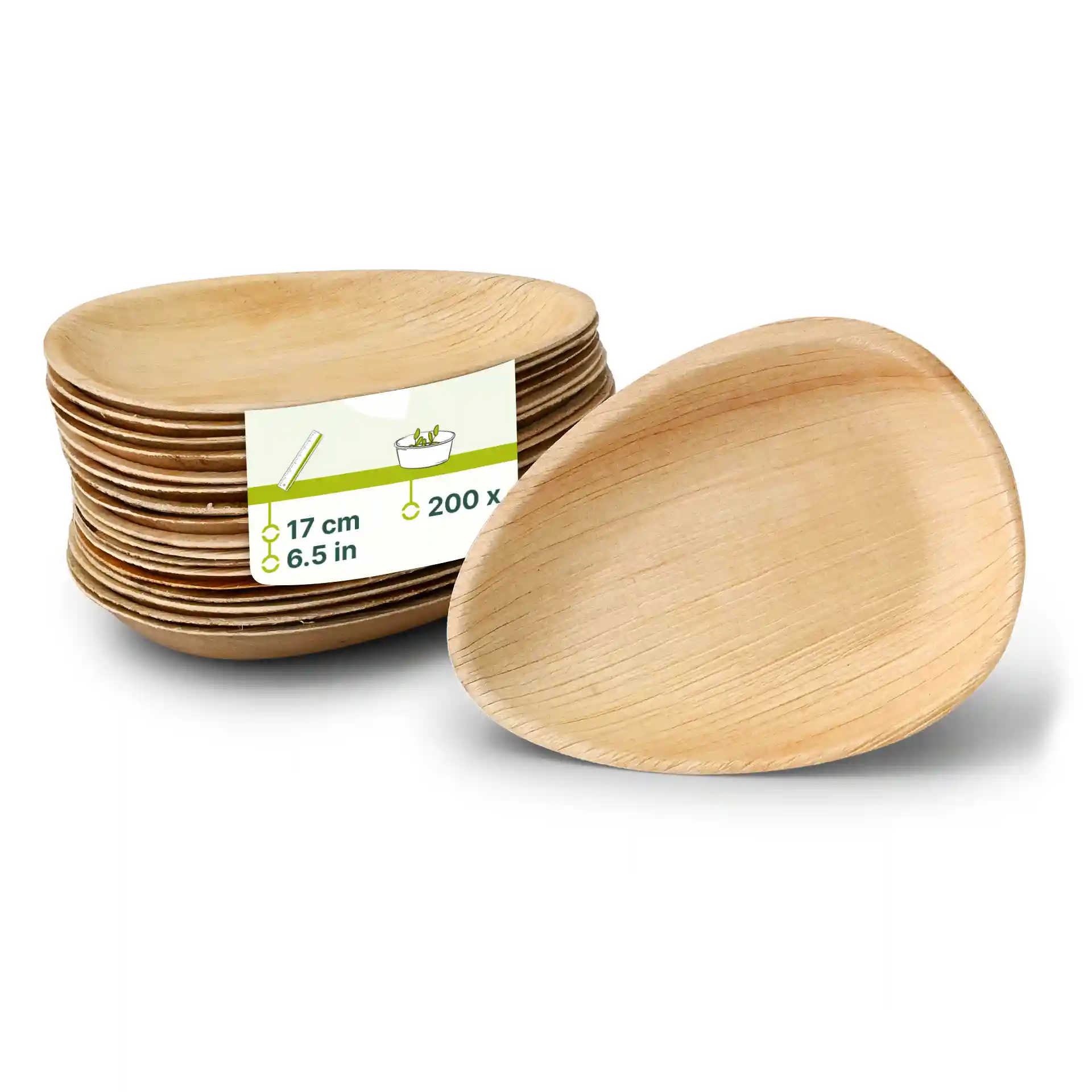 Stapeltje ovale palmbladen borden, 17 cm groot, met een label dat de hoeveelheid van 200 en de afmetingen toont.