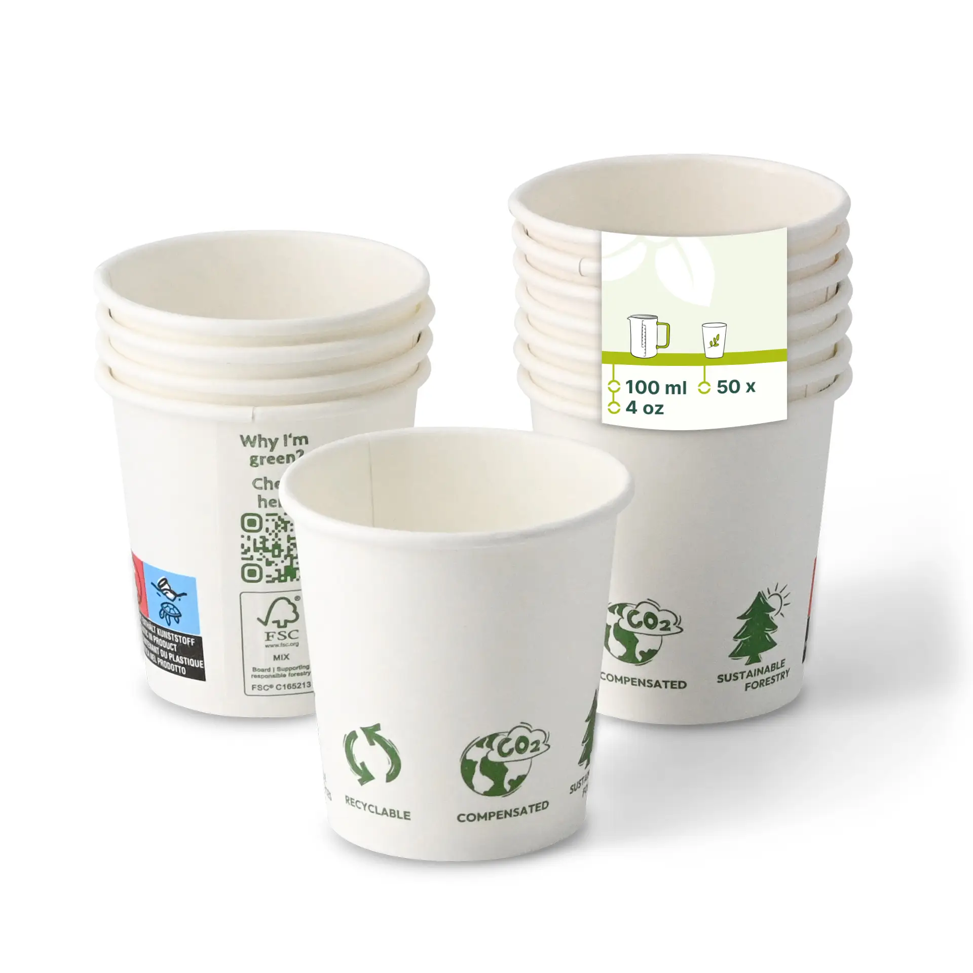 Papieren beker 100 ml / 4 oz, Ø 62 mm, "EcoUp©"-icons, enkelwandig, wit, met PLA-coating