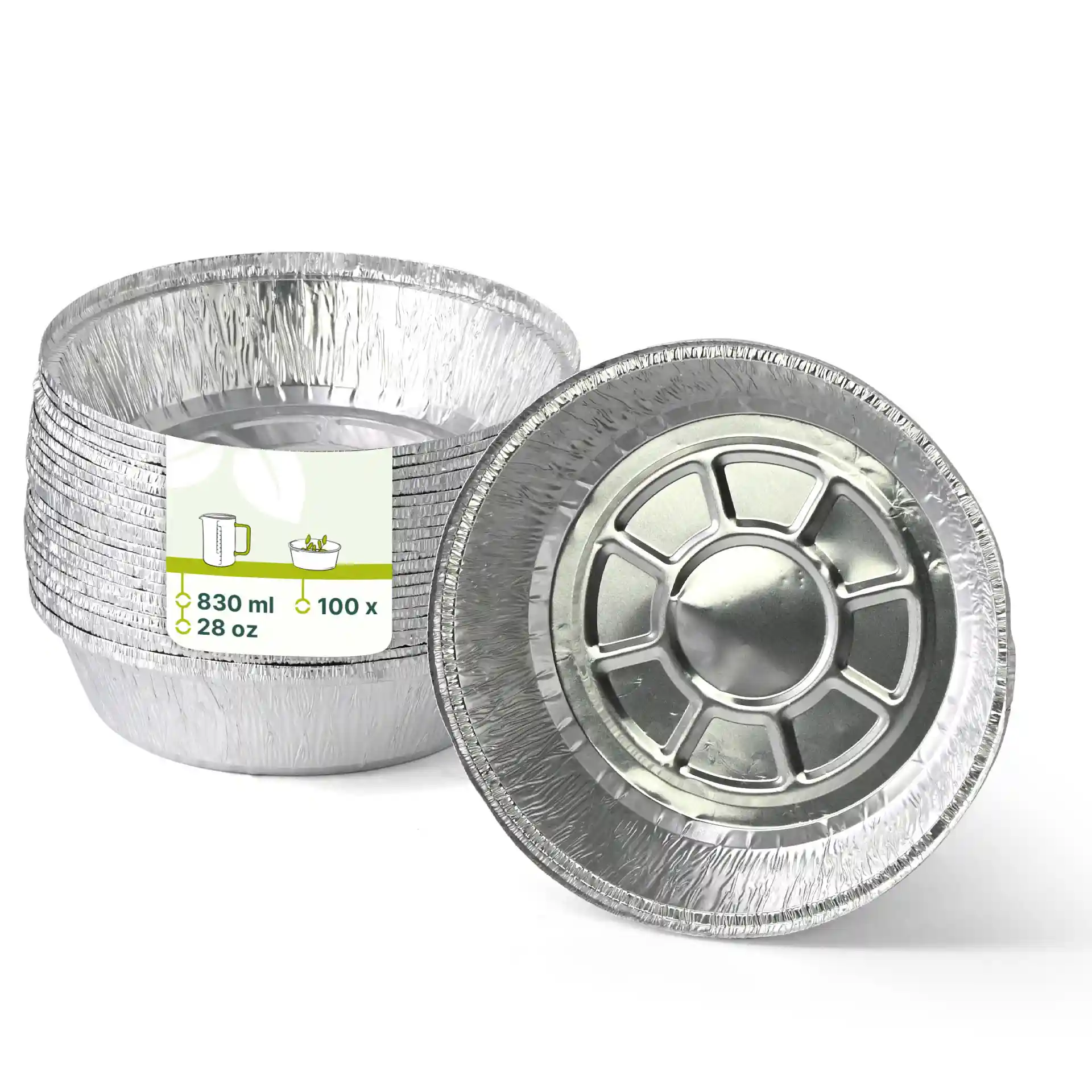 Ronde aluminium containers met een inhoud van 830 ml, met meerdere gestapelde containers en één op zijn zij.