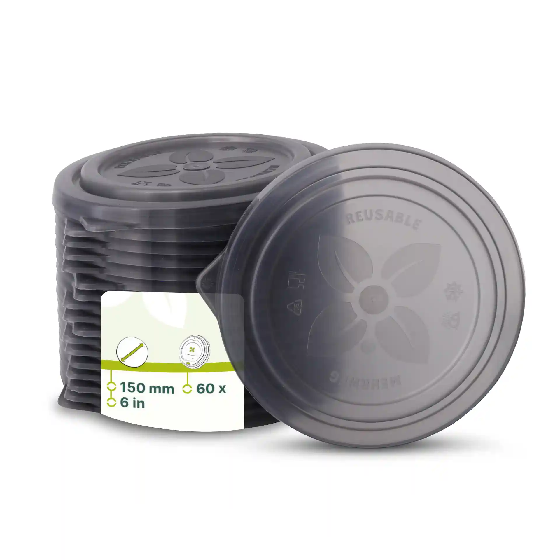 Stapeltje grijze herbruikbare deksels voor kommen, 150 mm in diameter, met een label met productdetails.