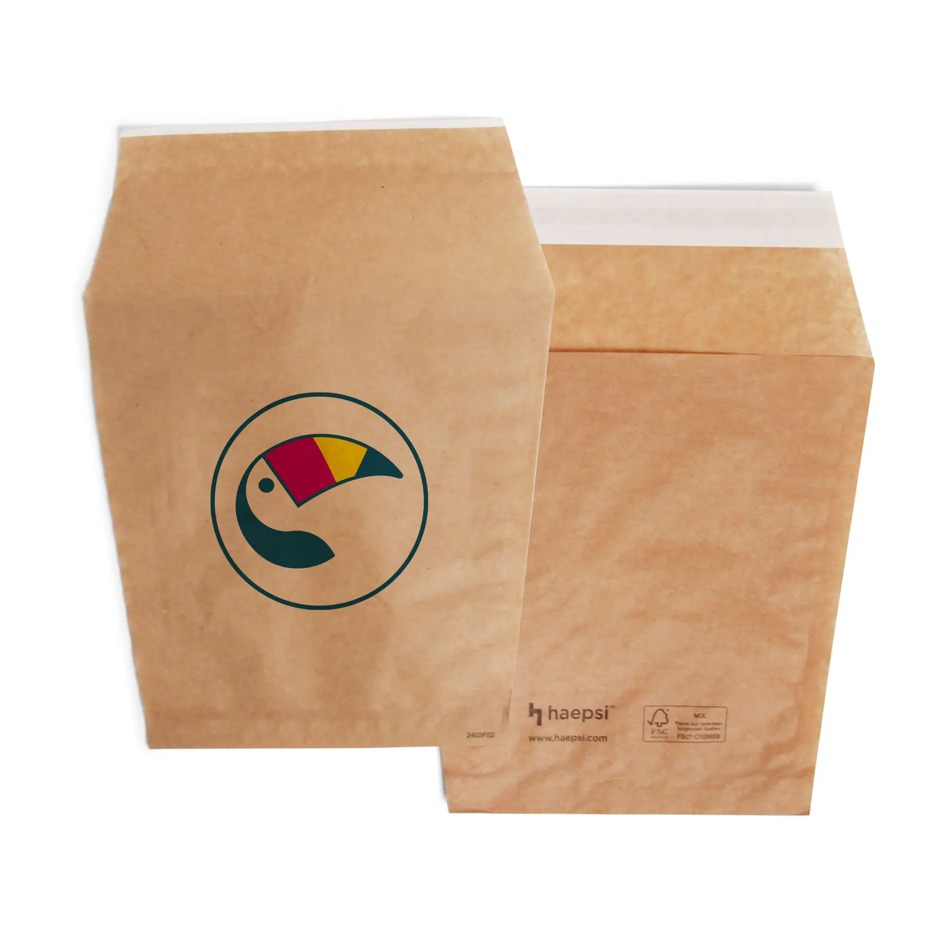 Aangepaste bedrukte bruine frietzakken met geïntegreerde kleefsluiting; bevat een logo-ontwerp met een toekan.