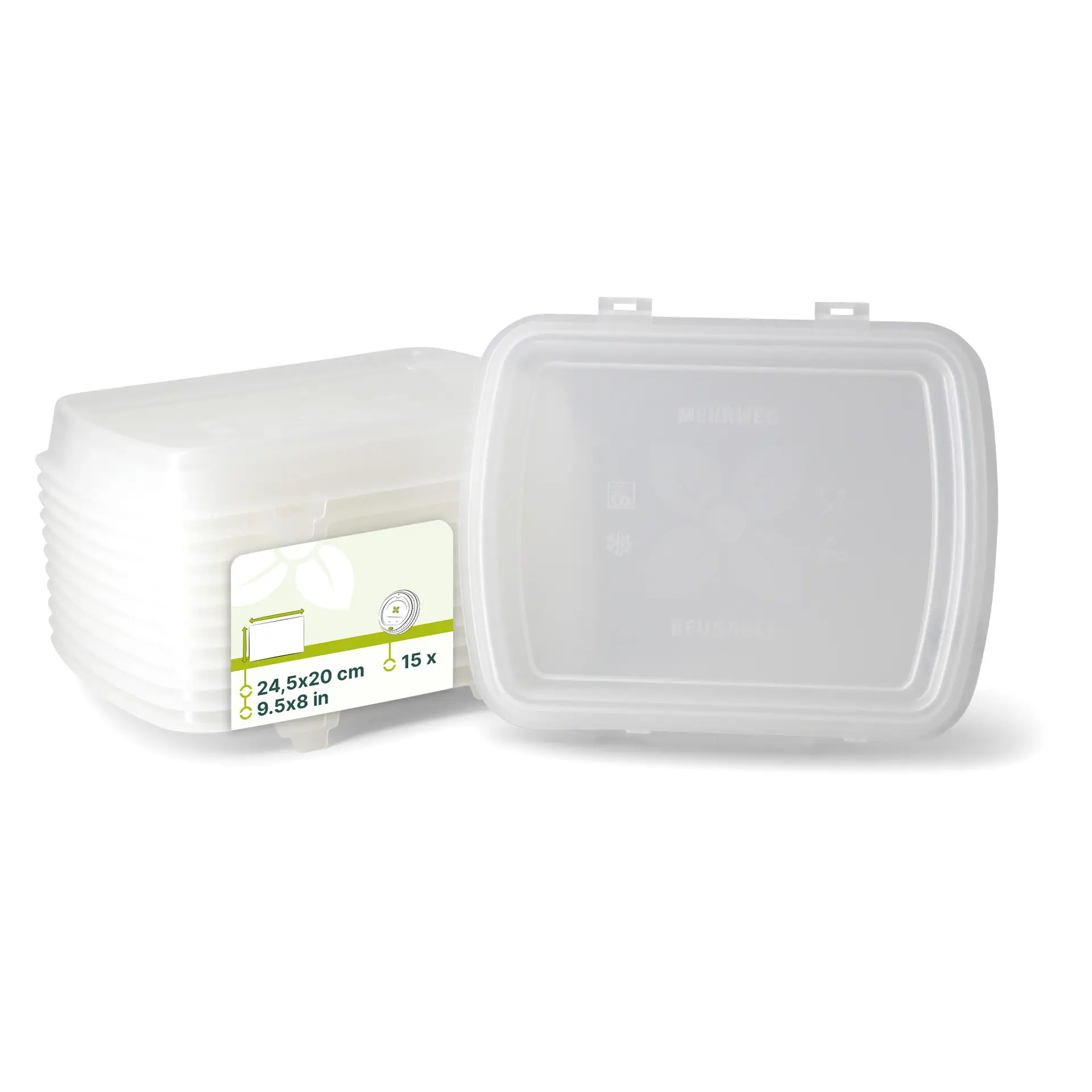 Transparante herbruikbare opbergcontainers met deksels, 24,5 x 20 x 4,5 cm, gestapeld met een zichtbaar label.