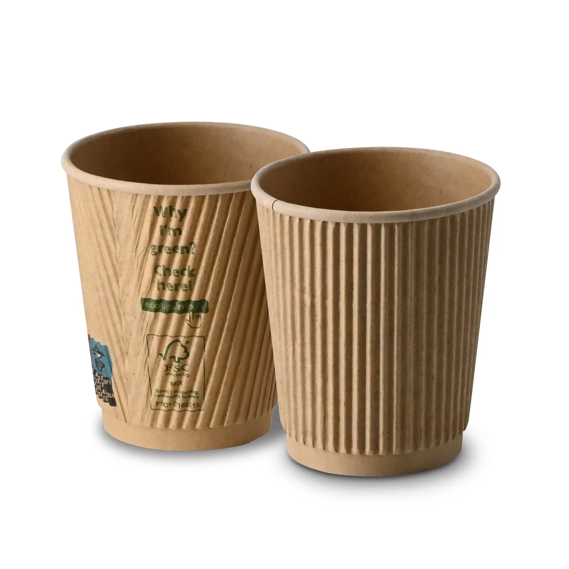 Een 8 oz bruin ribbelwegwerp koffieglas met PLA-coating; een ander vergelijkbaar glas met een label met QR-code en informatie over duurzaamheid.