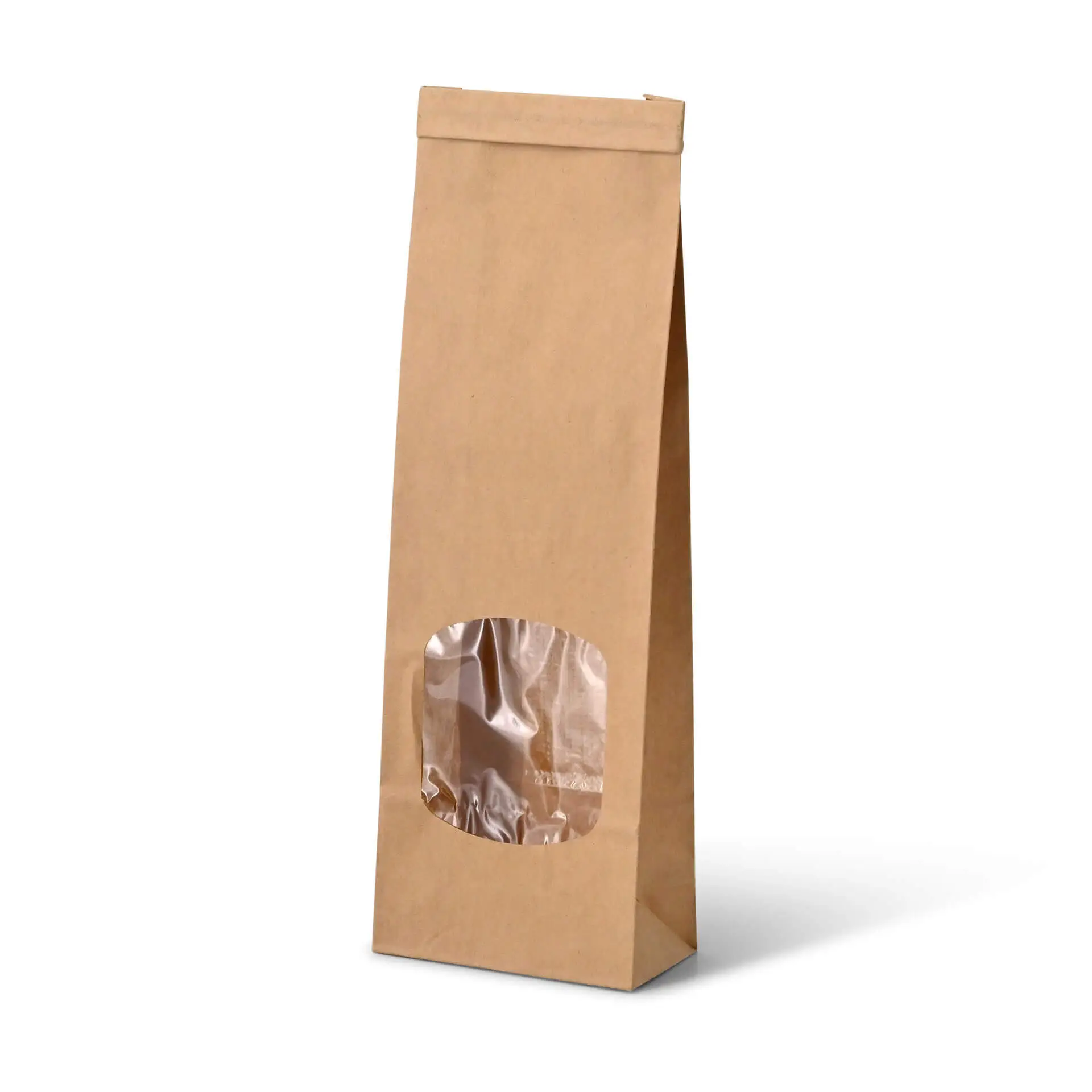 Bruine blokbodem papierzak met een transparant venster, geschikt voor aromatische producten, met een knijptouwsluiting.