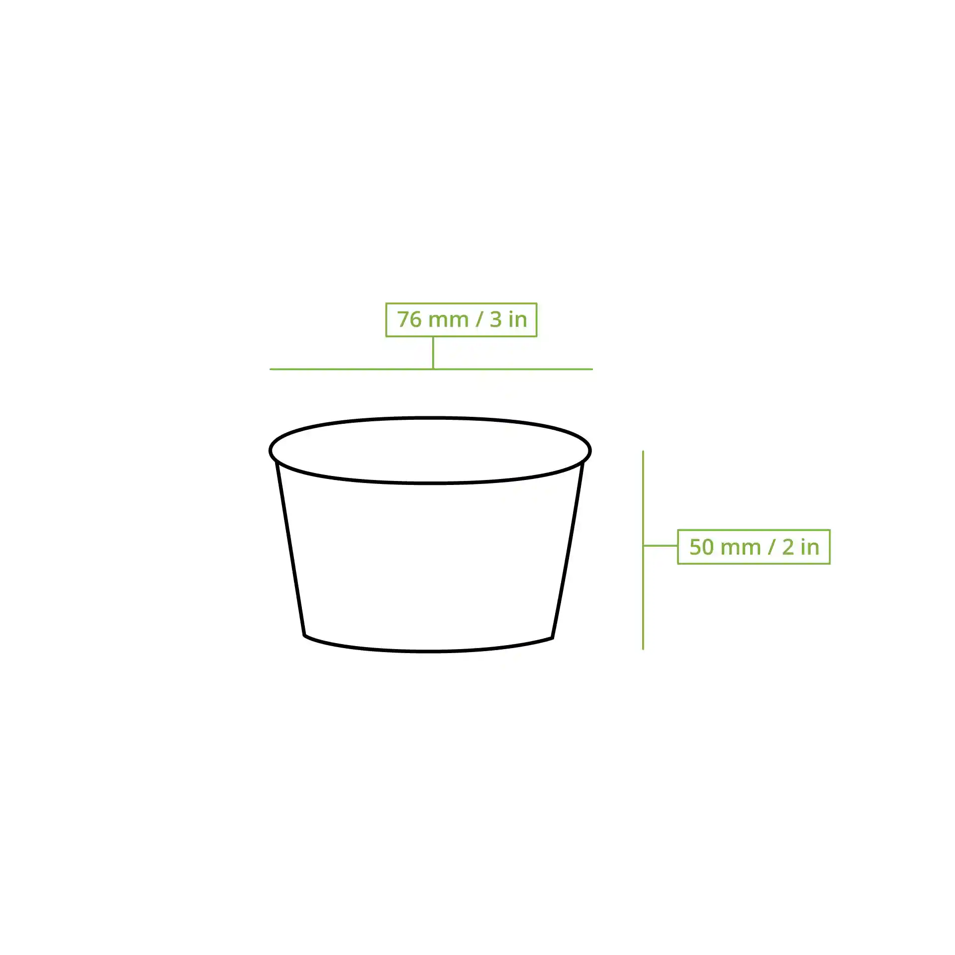 Schematische tekening van een ijsbekertje met afmetingen: 76 mm diameter en 50 mm hoogte.