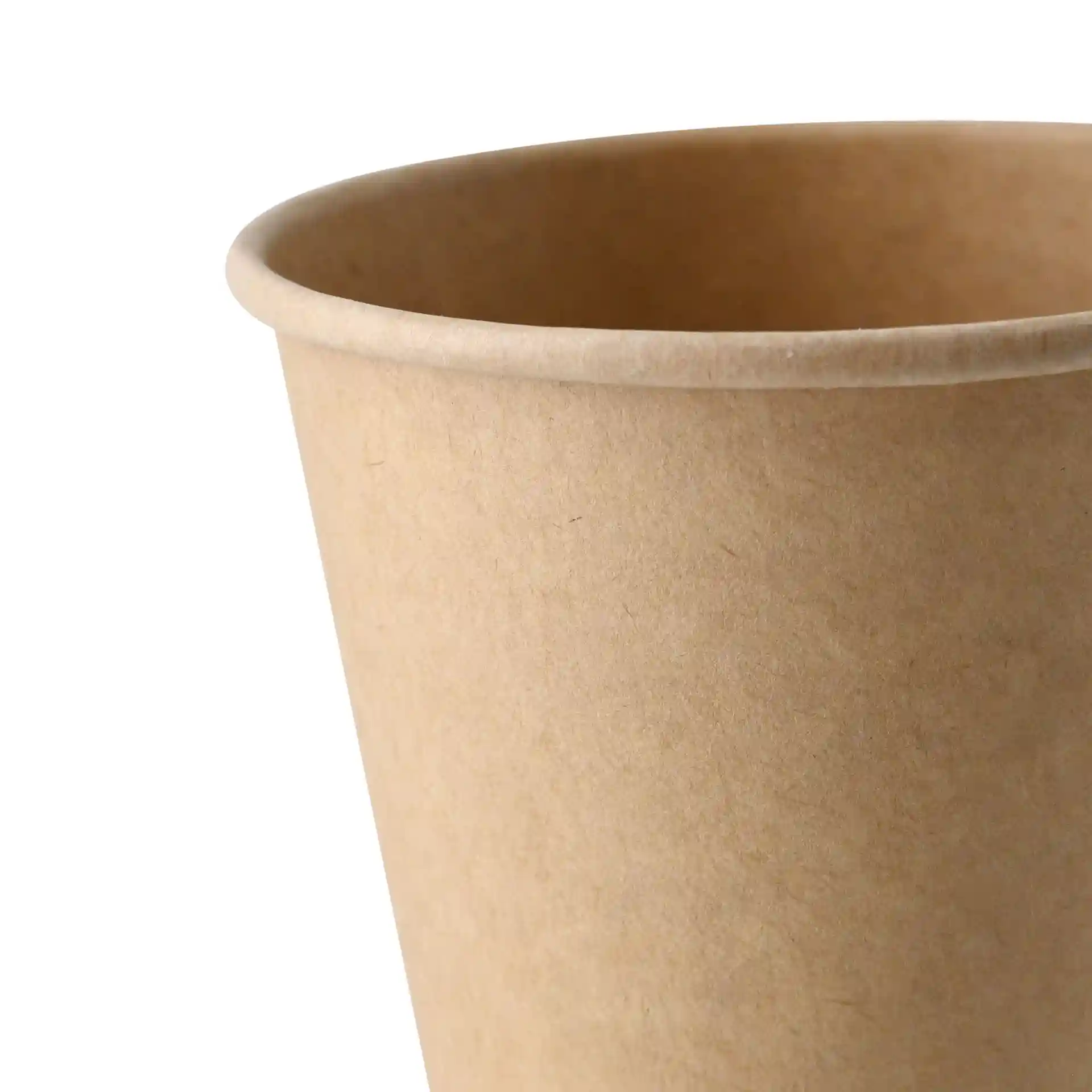Bruine papieren beker met enkele wand, 250 ml inhoud en een diameter van 90 mm.