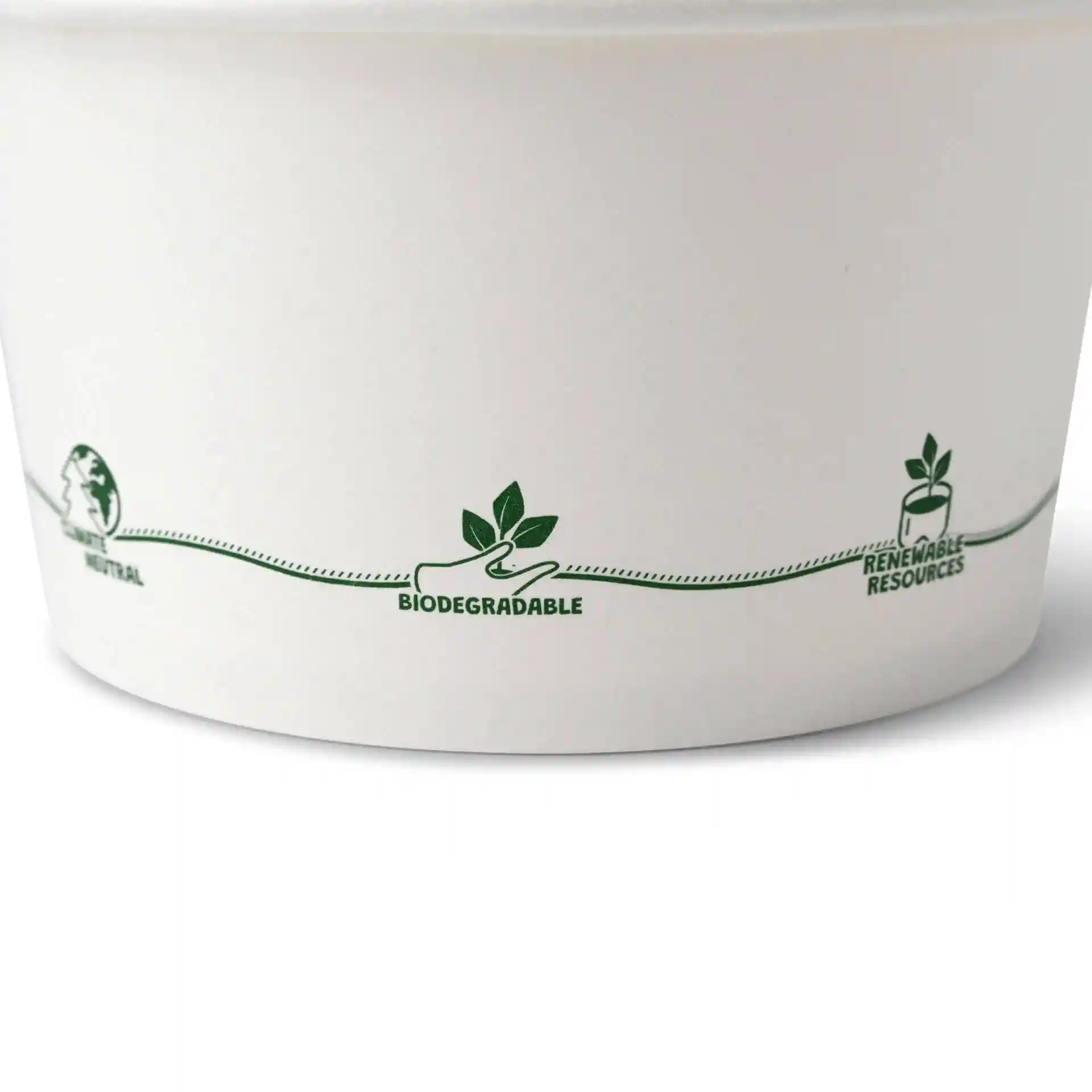 Witte kartonnen soepcontainer met groene iconen die milieuvriendelijke claims weergeven.