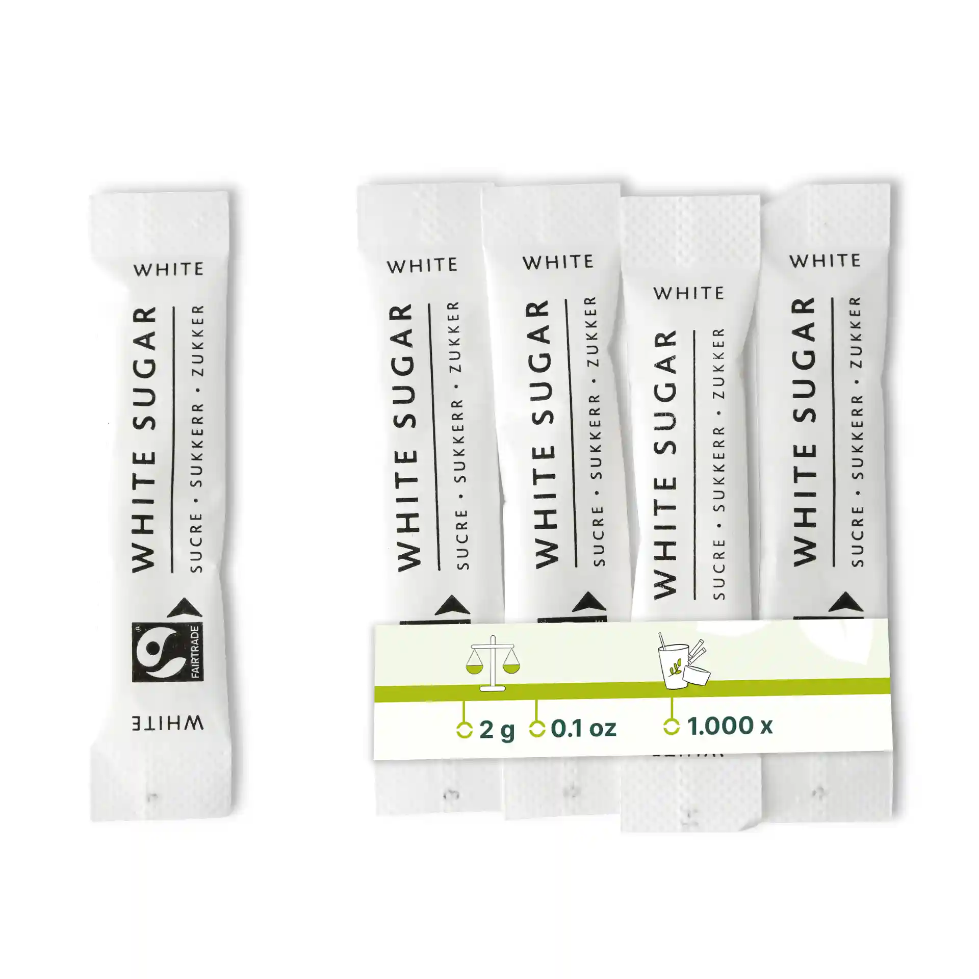 Afbeelding van meerdere witte suikerstaafjes met een label dat maten en een symbool toont, gerangschikt op een effen achtergrond.