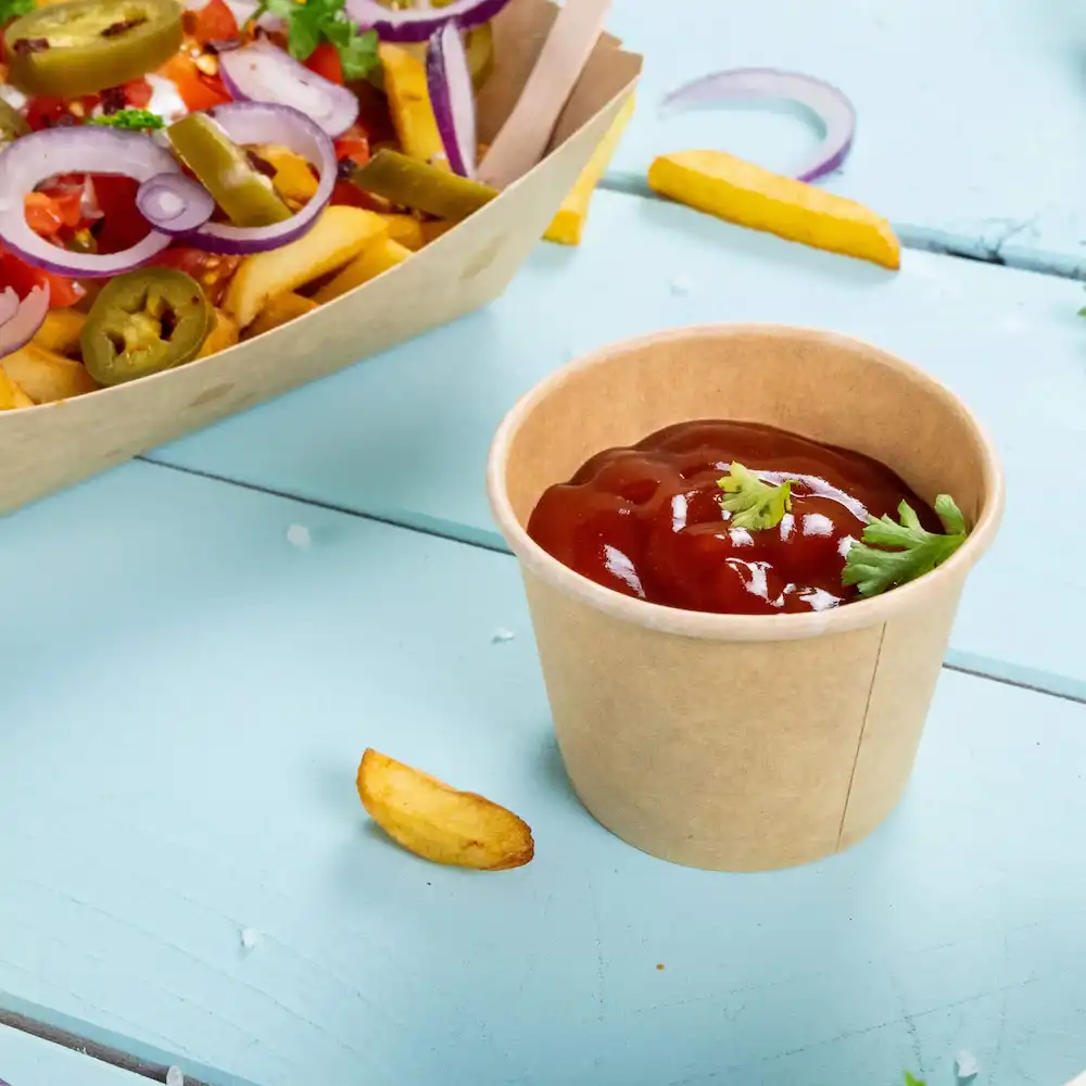 Bruine papieren beker met ketchup en een garnering van koriander, naast een portie friet en toppings.