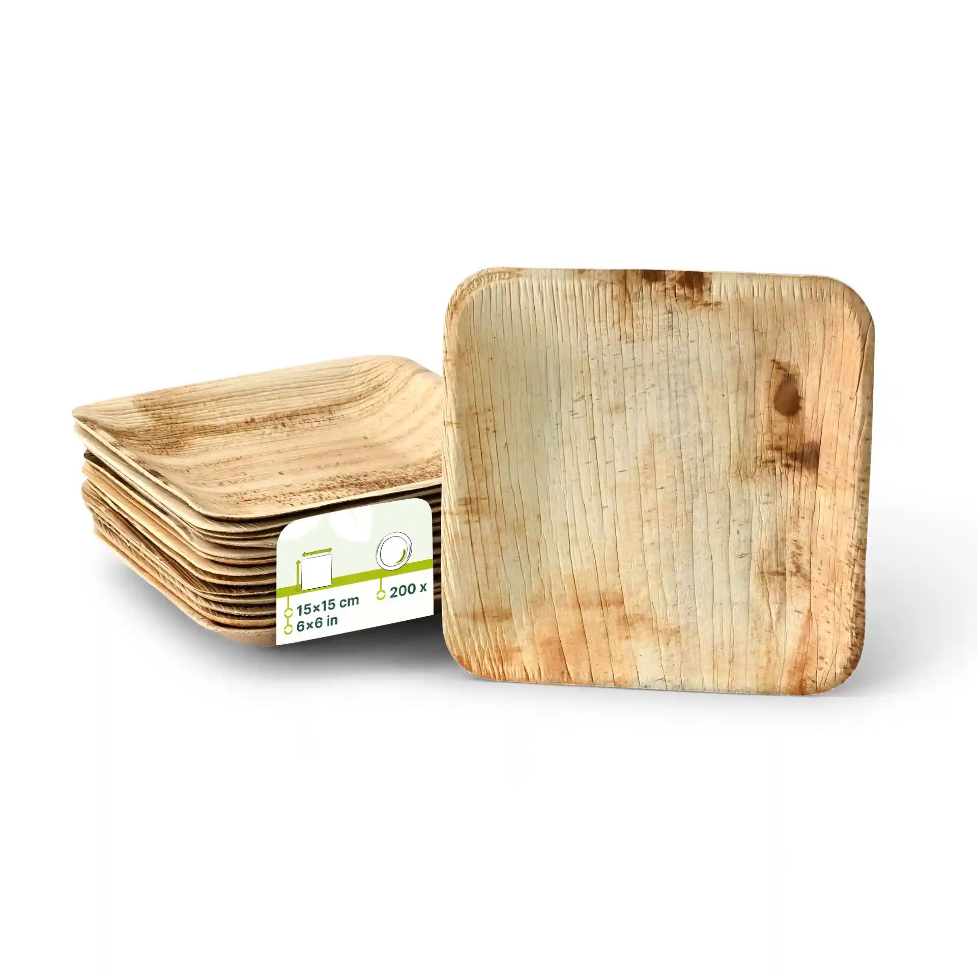 Stapel vierkante palmbladen borden, 15 x 15 cm, met een zichtbaar label met afmetingen en hoeveelheid.