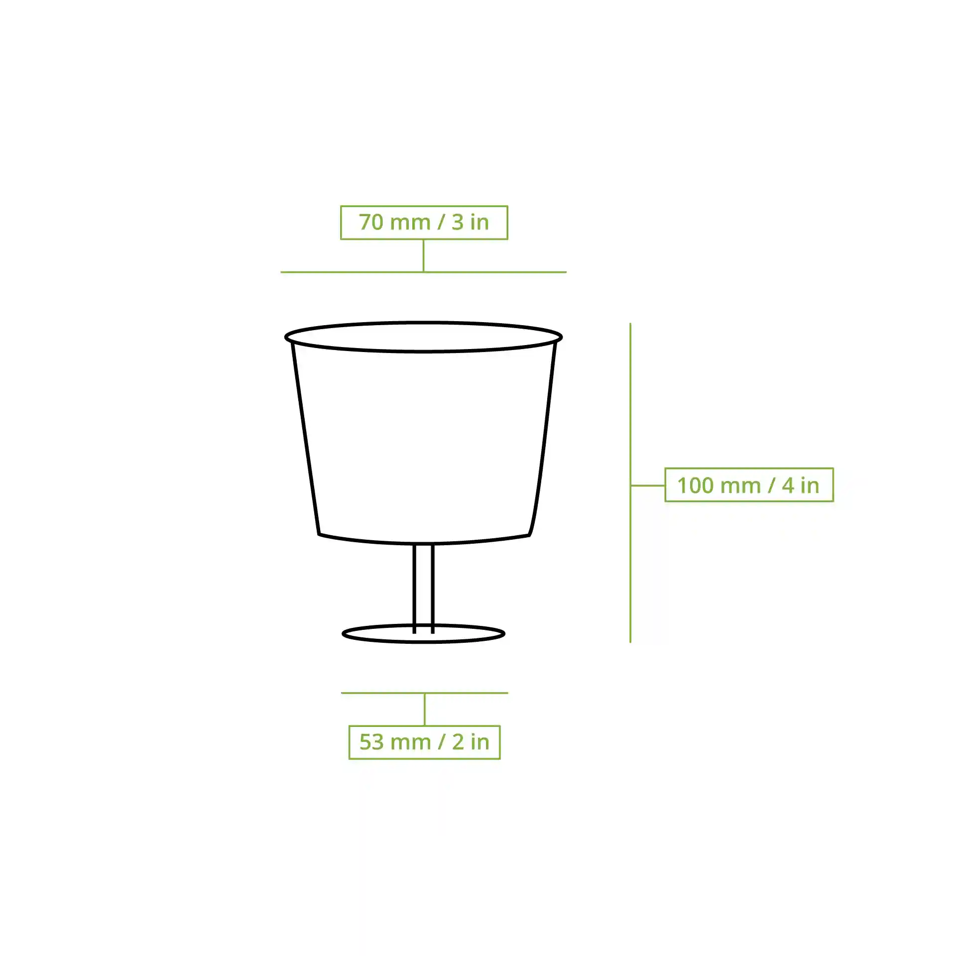 Schematische tekening van een wijnglas met afmetingen: hoogte 100 mm, bovenste diameter 70 mm, onderste diameter 53 mm.
