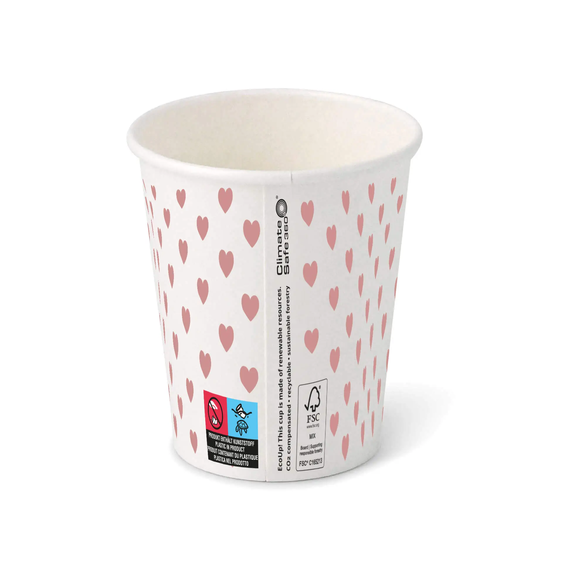 Papieren beker bedrukt "Hearts" (gecoat) 200 ml / 8 oz, Ø 80 mm, wit