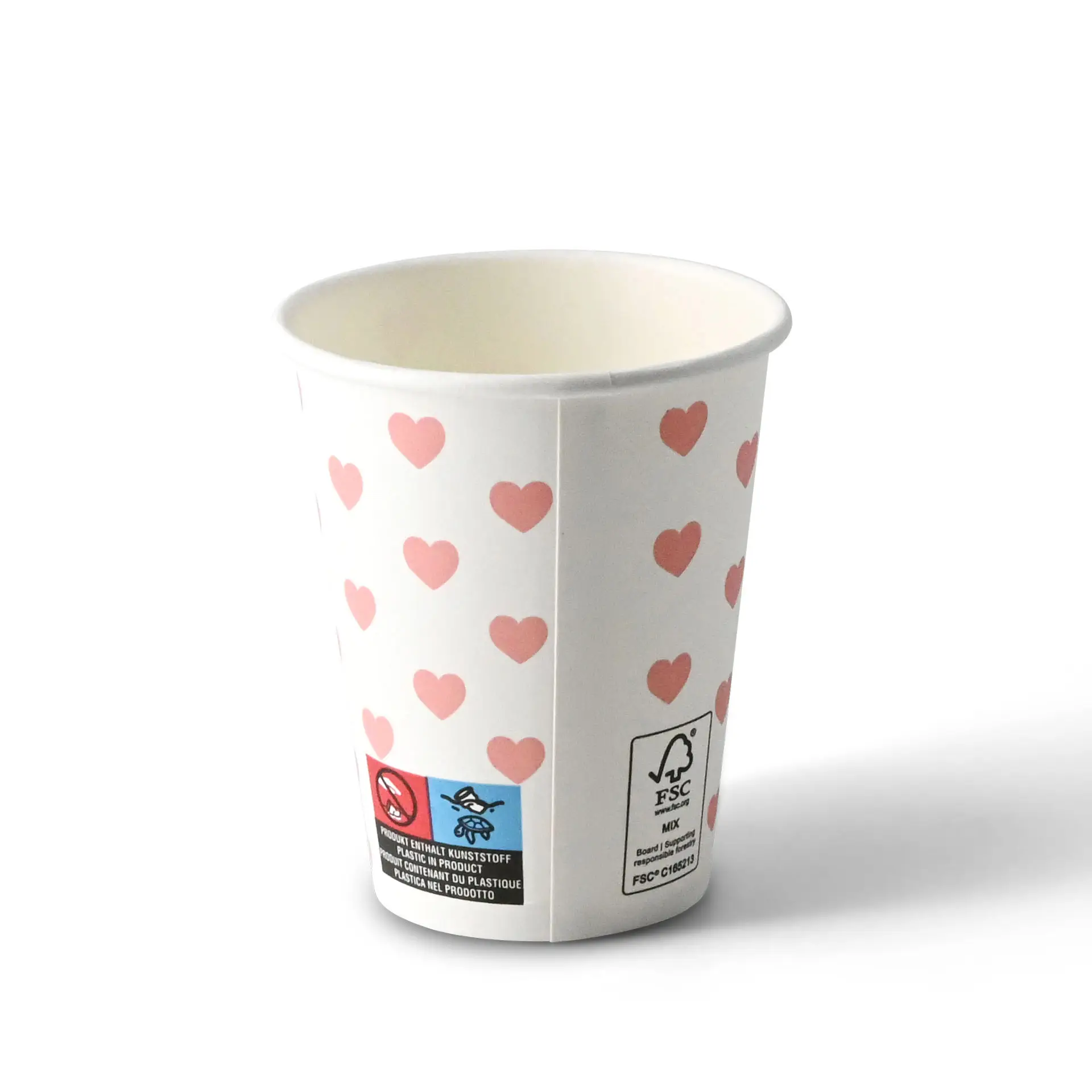 Een 200 ml wit papieren beker met hartjesprint; voorzien van een PE-coating voor warme en koude dranken.