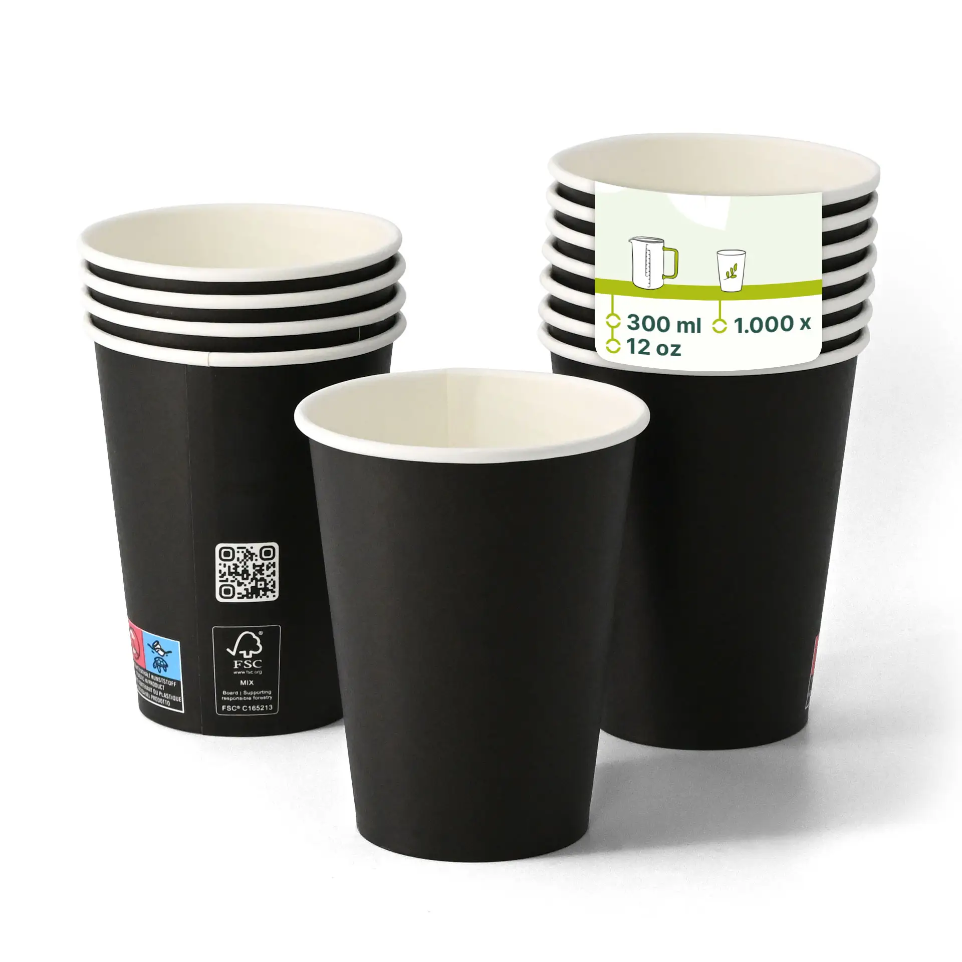 300 ml zwarte single-wall papieren beker met PLA-coating, geschikt voor warme en koude dranken.