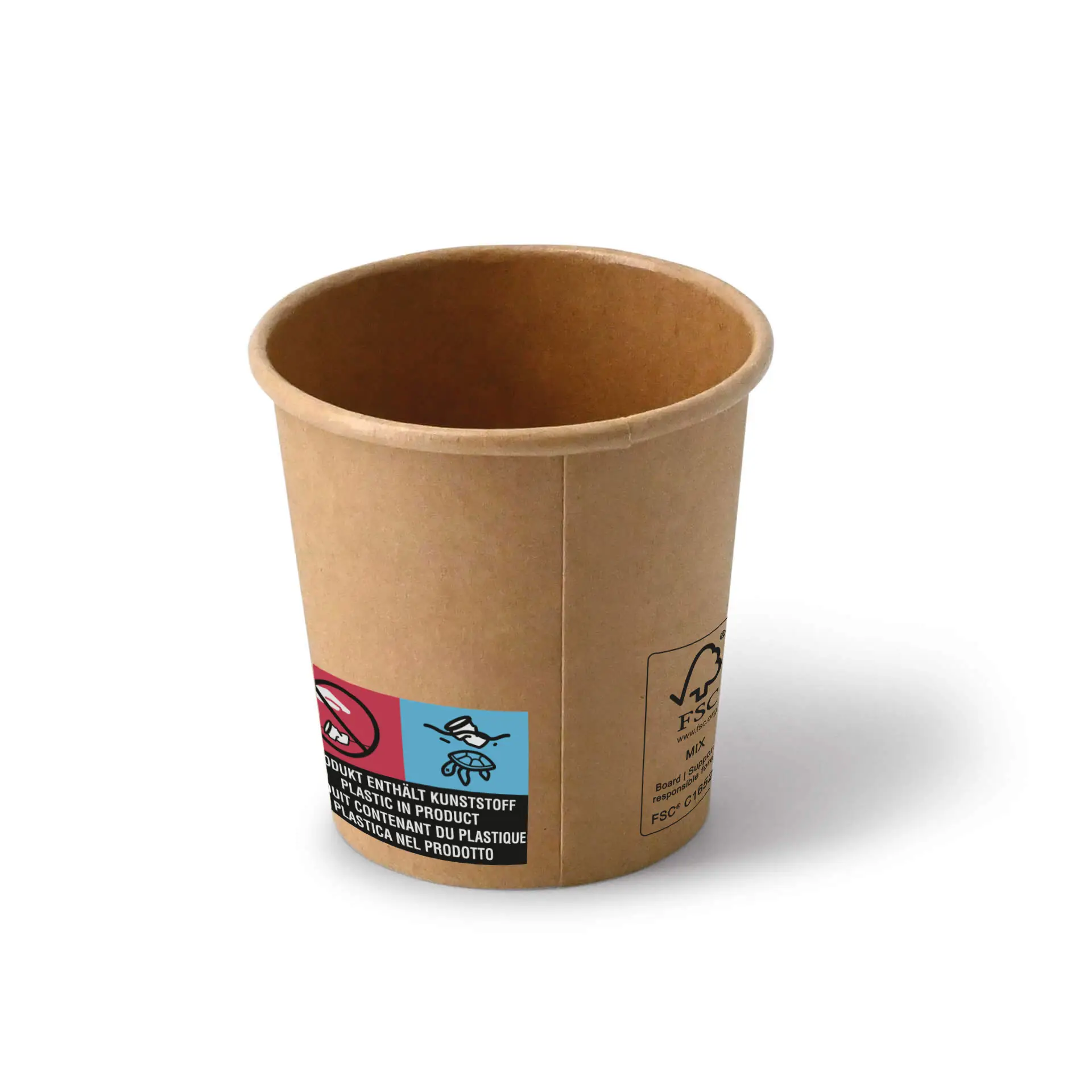 Bruine 4 oz papieren beker met een ronde vorm en een coating, met labels met symbolen aan de zijkant.