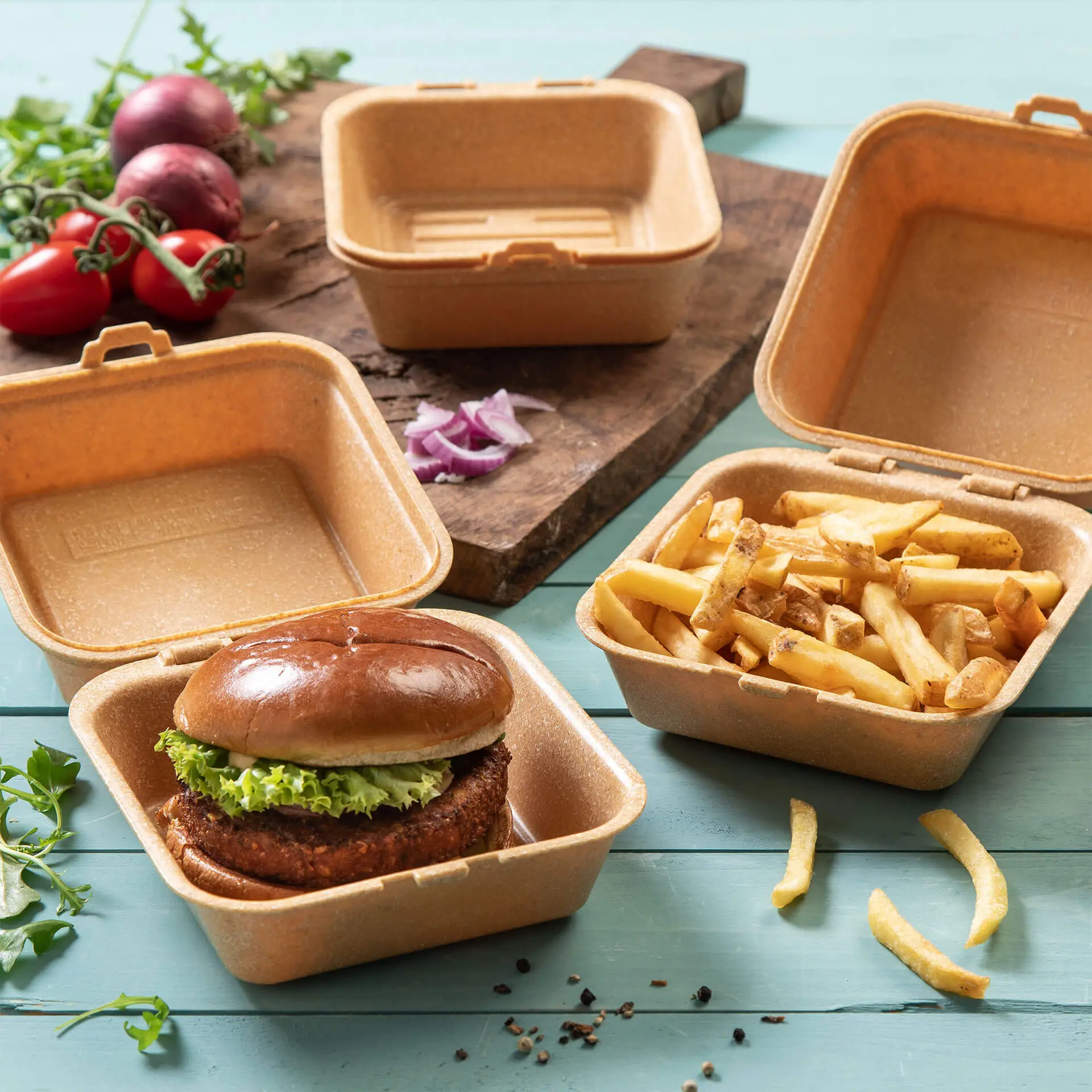 Herbruikbare burger-boxen "merways Box" 16 x 15 x 8,5 cm, karamel / bruin Herbruikbare burger-boxen "merways Box" 16 x 15 x 8,5 cm, karamel / bruin