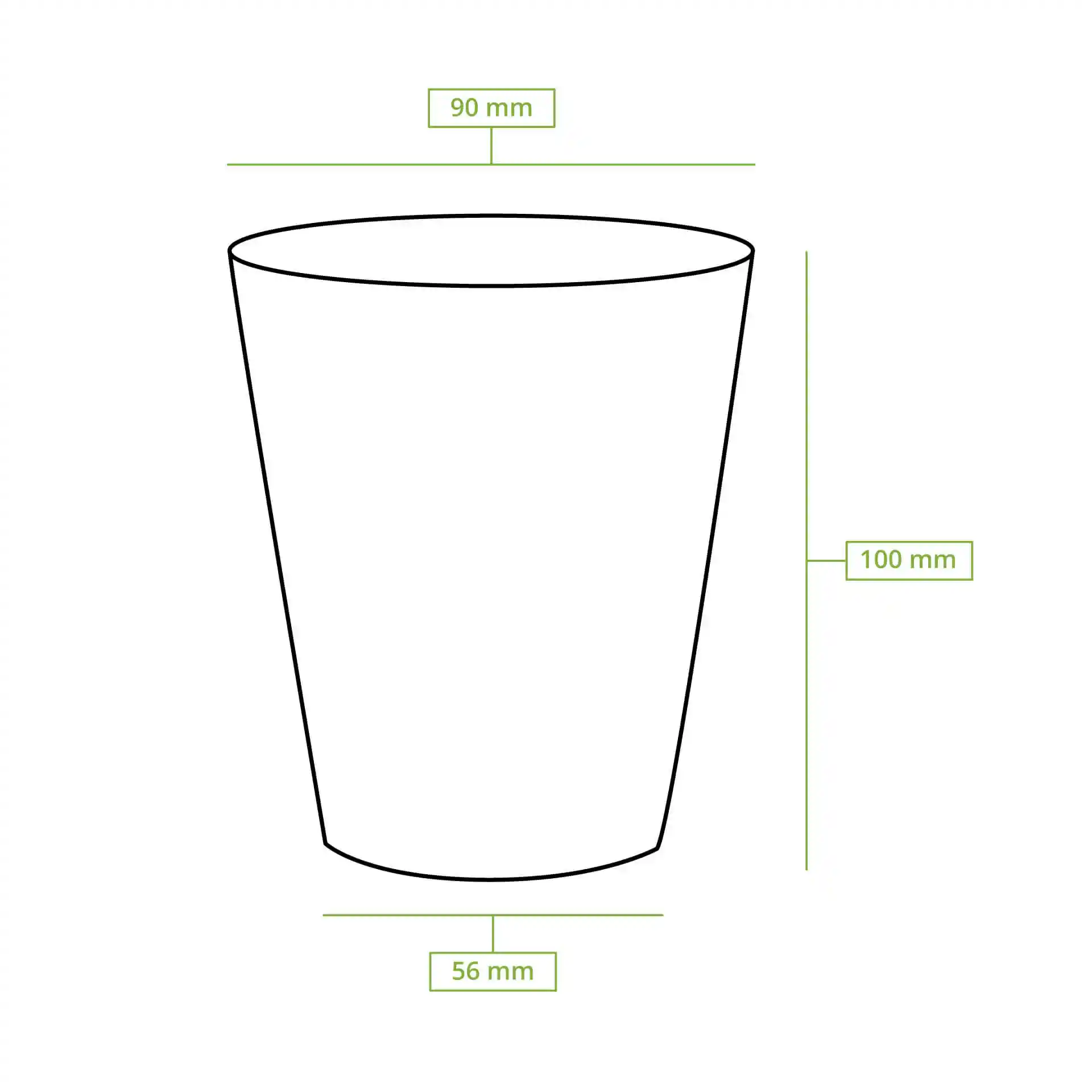 Schematische tekening van een ronde papieren beker met afmetingen: hoogte 100 mm, bovenste diameter 90 mm, onderste diameter 56 mm.