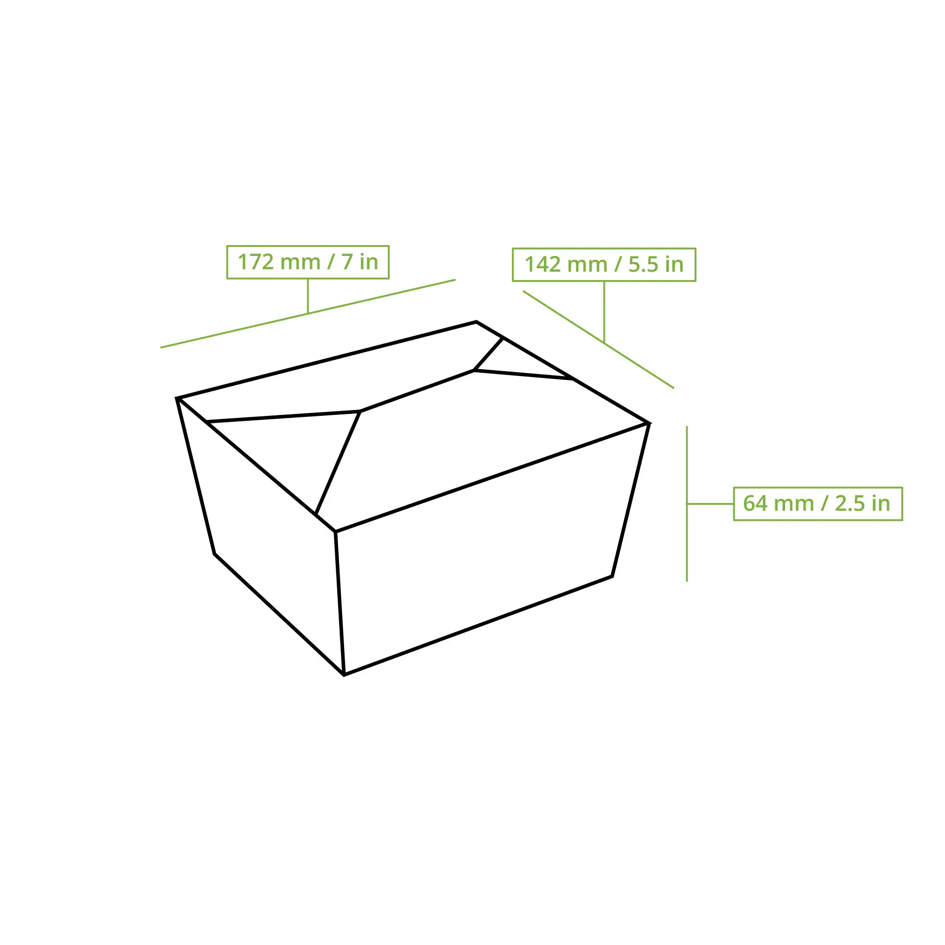 Afhaalvoedseldoos, 1150 ml inhoud, bruin karton met afmetingen: 172 mm x 142 mm x 64 mm.