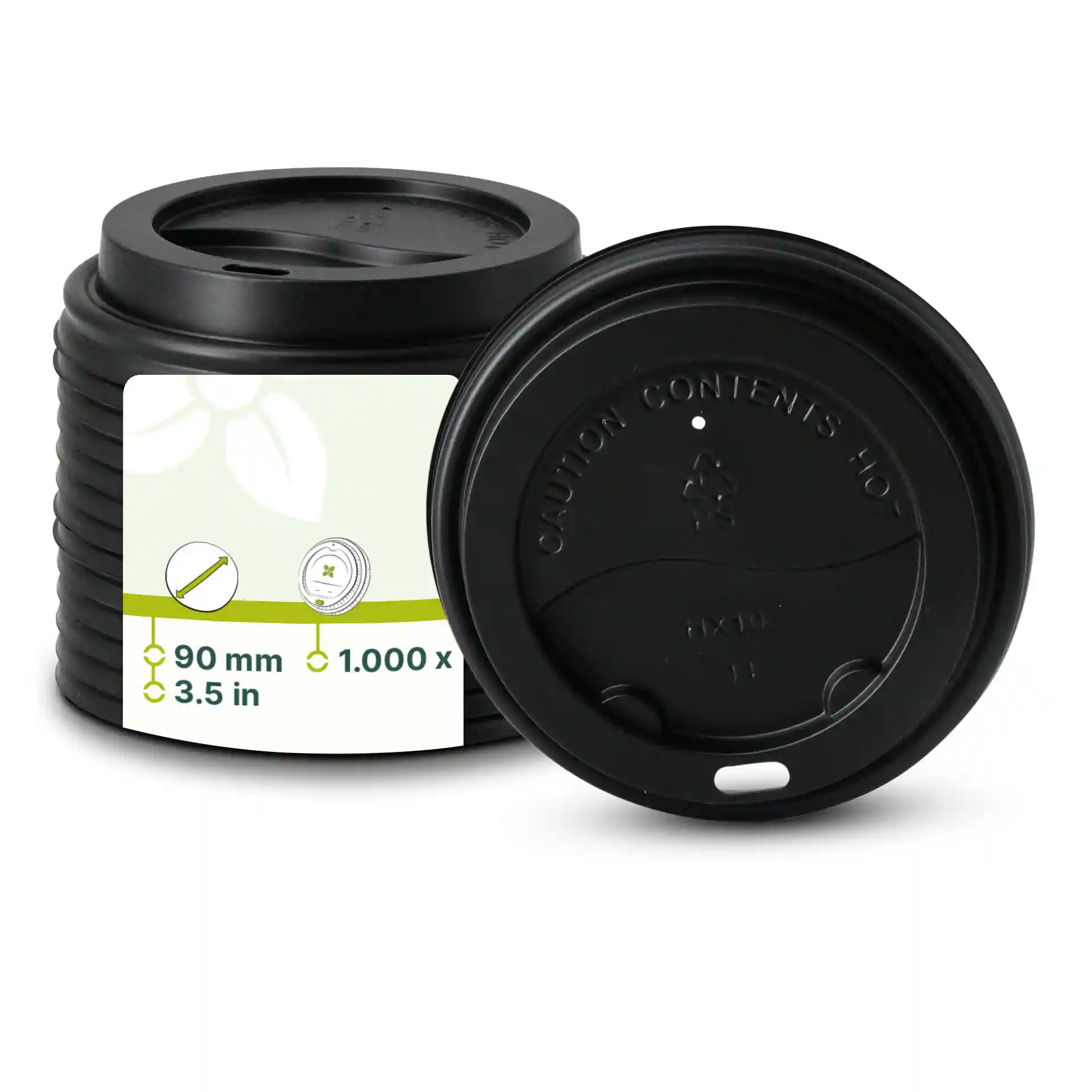 Zwarte PS-deksel met drinkopening, ronde vorm, diameter van 90 mm en hoogte van 17,5 mm.