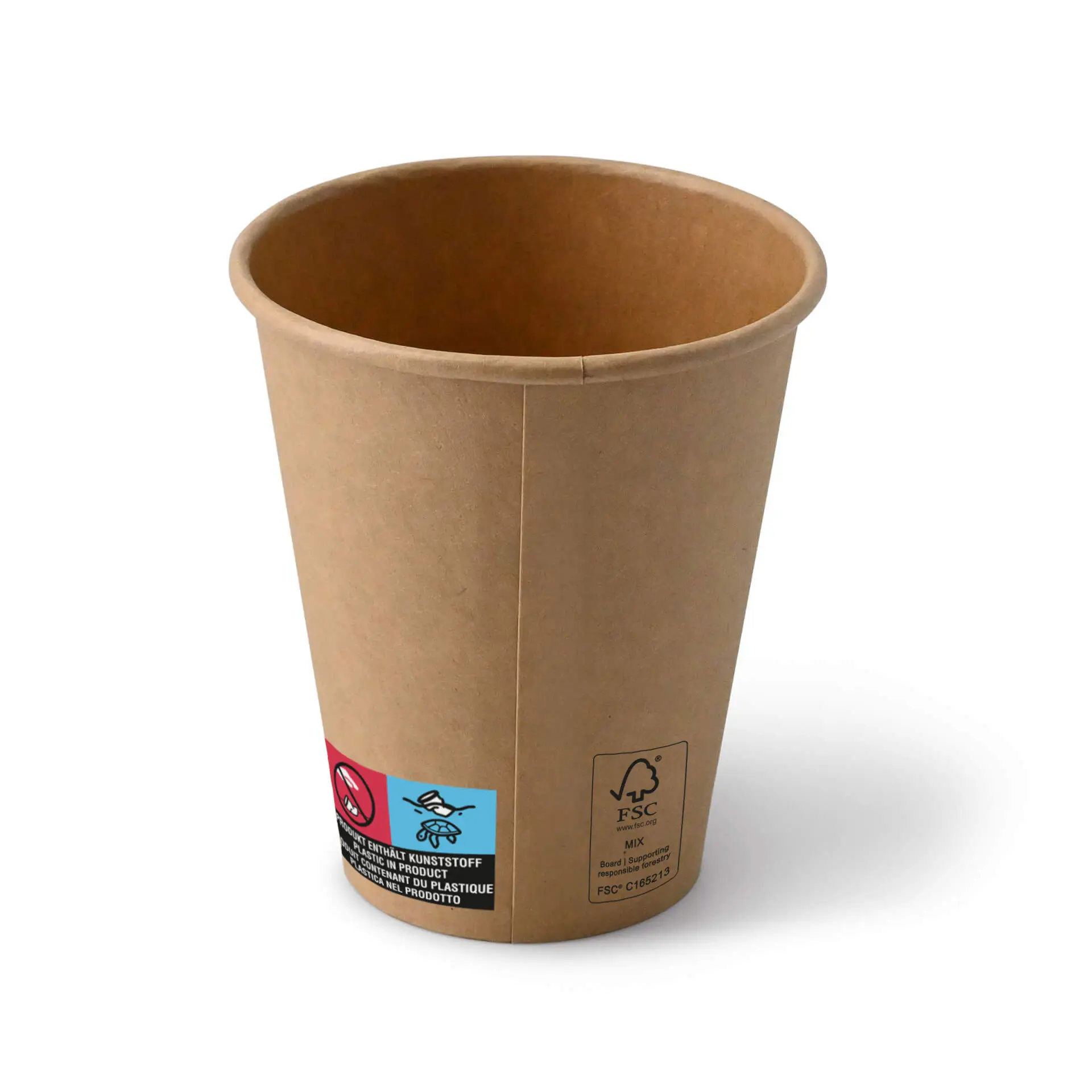 Een bruine papieren beker (10 oz) met PE-coating, met ecologische symbolen en labels aan de zijkant.