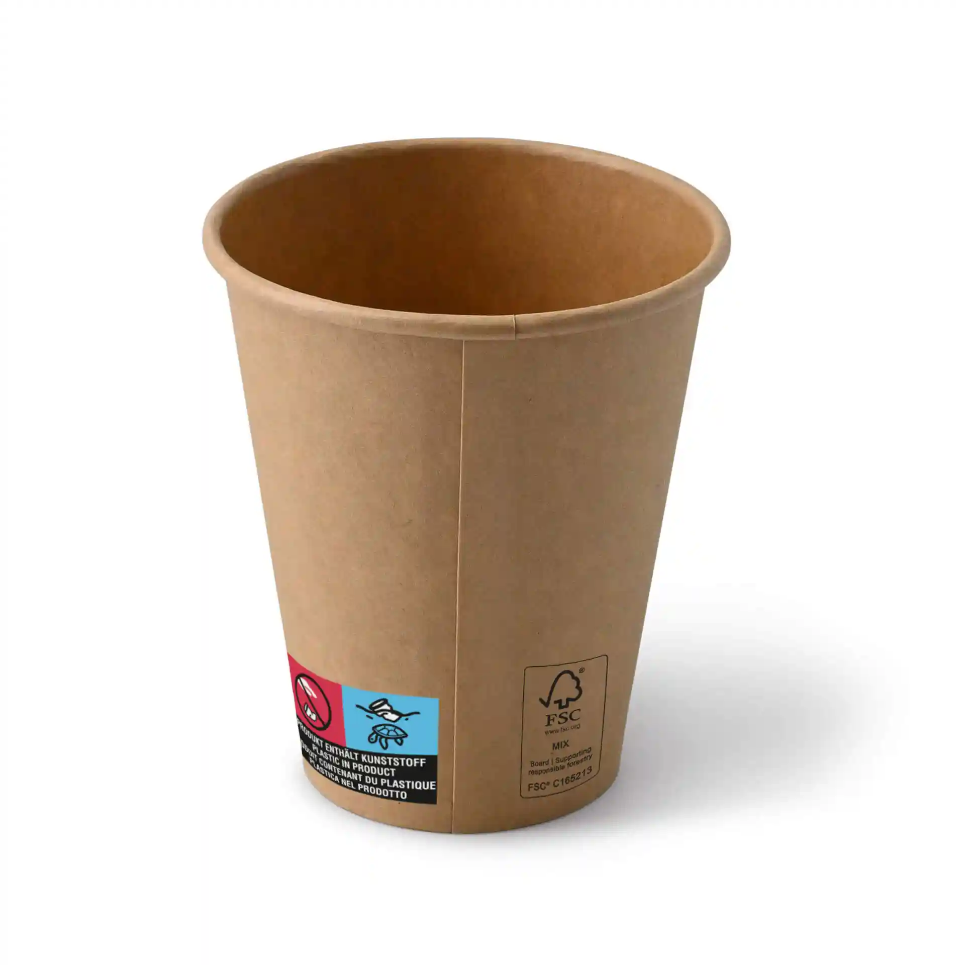 Bruine 10 oz papieren beker met ronde vorm, met een coating en verschillende labels aan de zijkant.