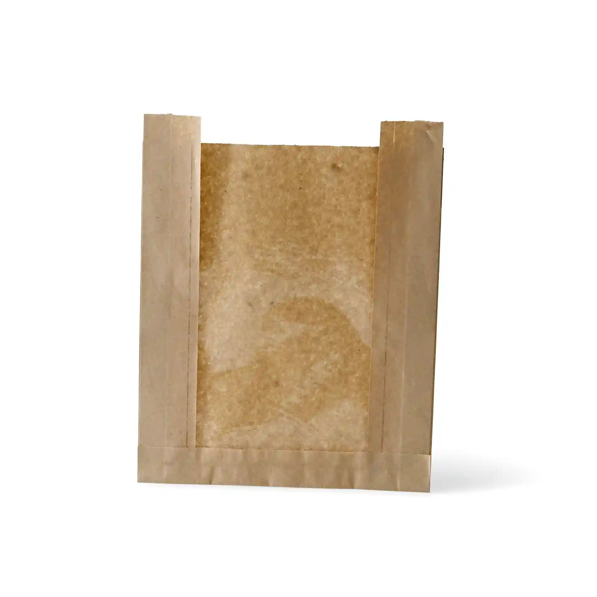 Bruine platte papieren broodzak met kijkvenster, 20 x 5 x 25 cm.