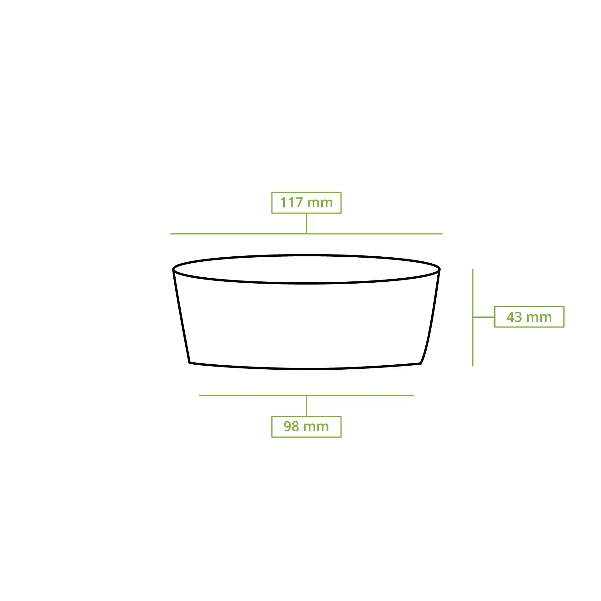 Schematische tekening van een ronde deli-container met afmetingen: 117 mm diameter, 43 mm hoogte en 98 mm bodemdiameter.