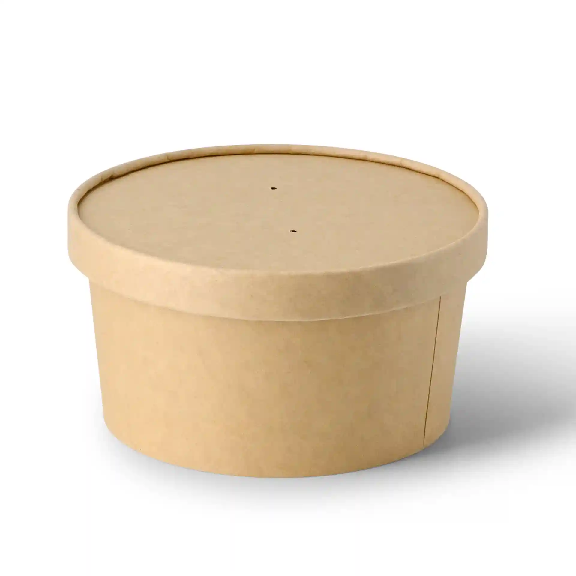 Ronde bruine kartonnen kom met deksel, met twee kleine gaatjes bovenaan, 800 ml capaciteit.