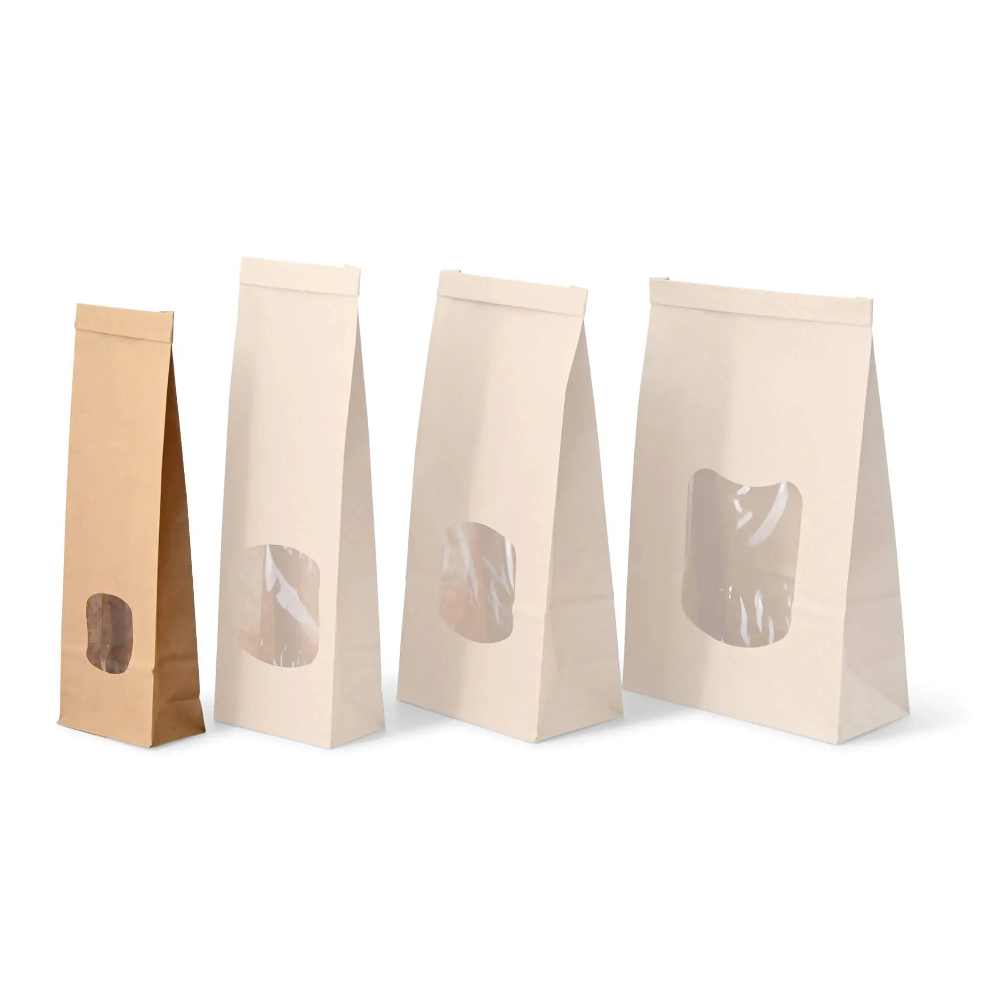 Blokbodemzakken met venster XS, 7,5 x 4,5 x 24 cm, bruin, clipband