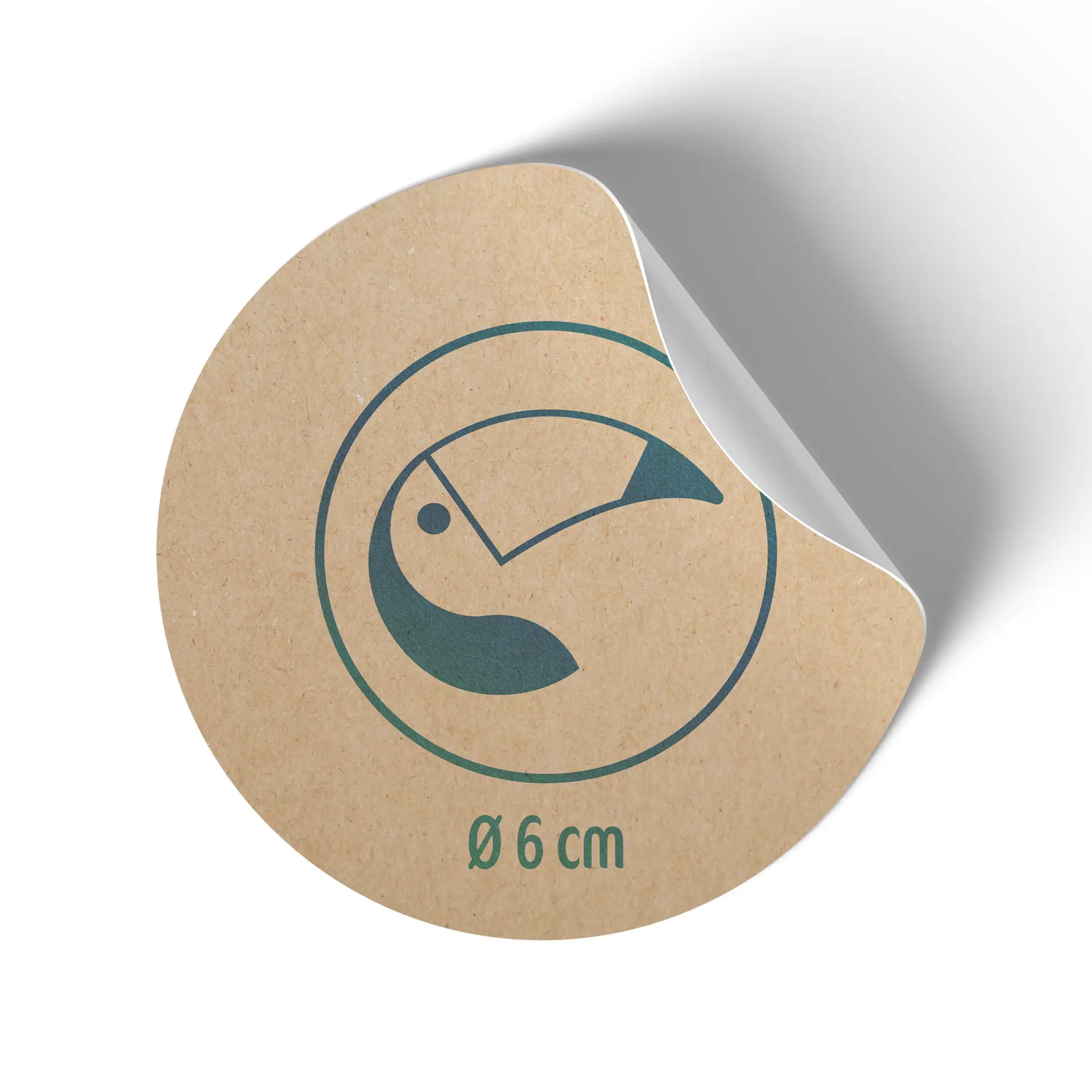 Ronde bruine sticker met vogelillustratie en diameteraanduiding "Ø 6 cm".
