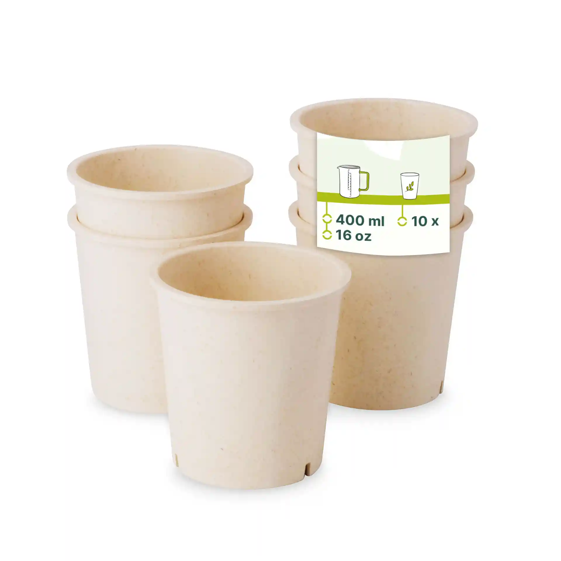 Set van vier crème-witte herbruikbare bekers van biocomposiet, elk met een inhoud van 400 ml.