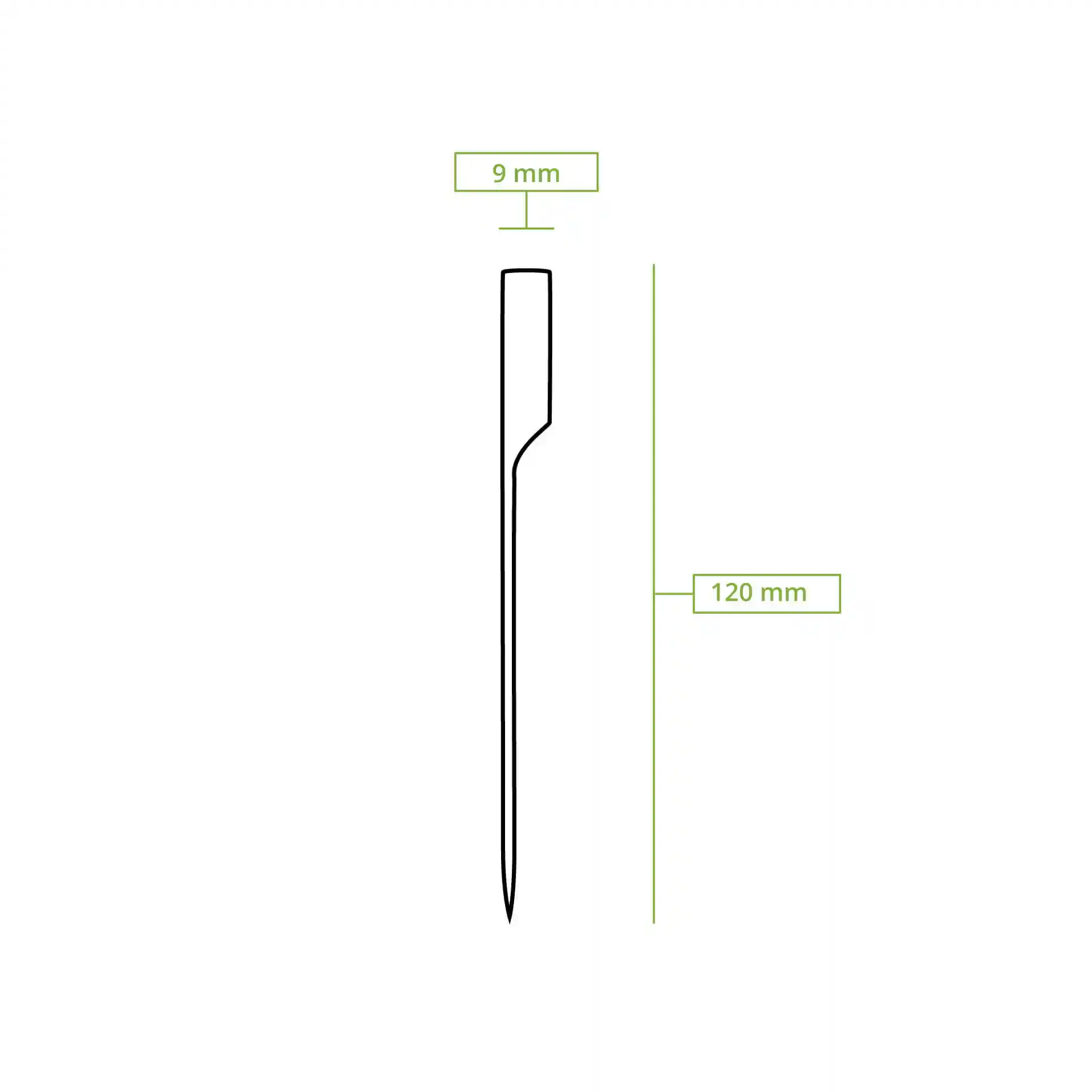 Schematische tekening van een bamboeprikker, 120 mm lang en 9 mm breed, met een puntige uiteinde.