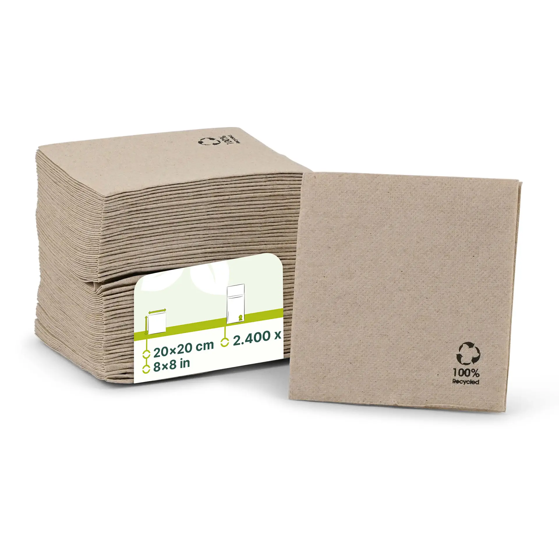 Cocktailservetten van gerecycled papier (Premium) 20 x 20 cm, 2-laags, 1/4 vouw, ongebleekt