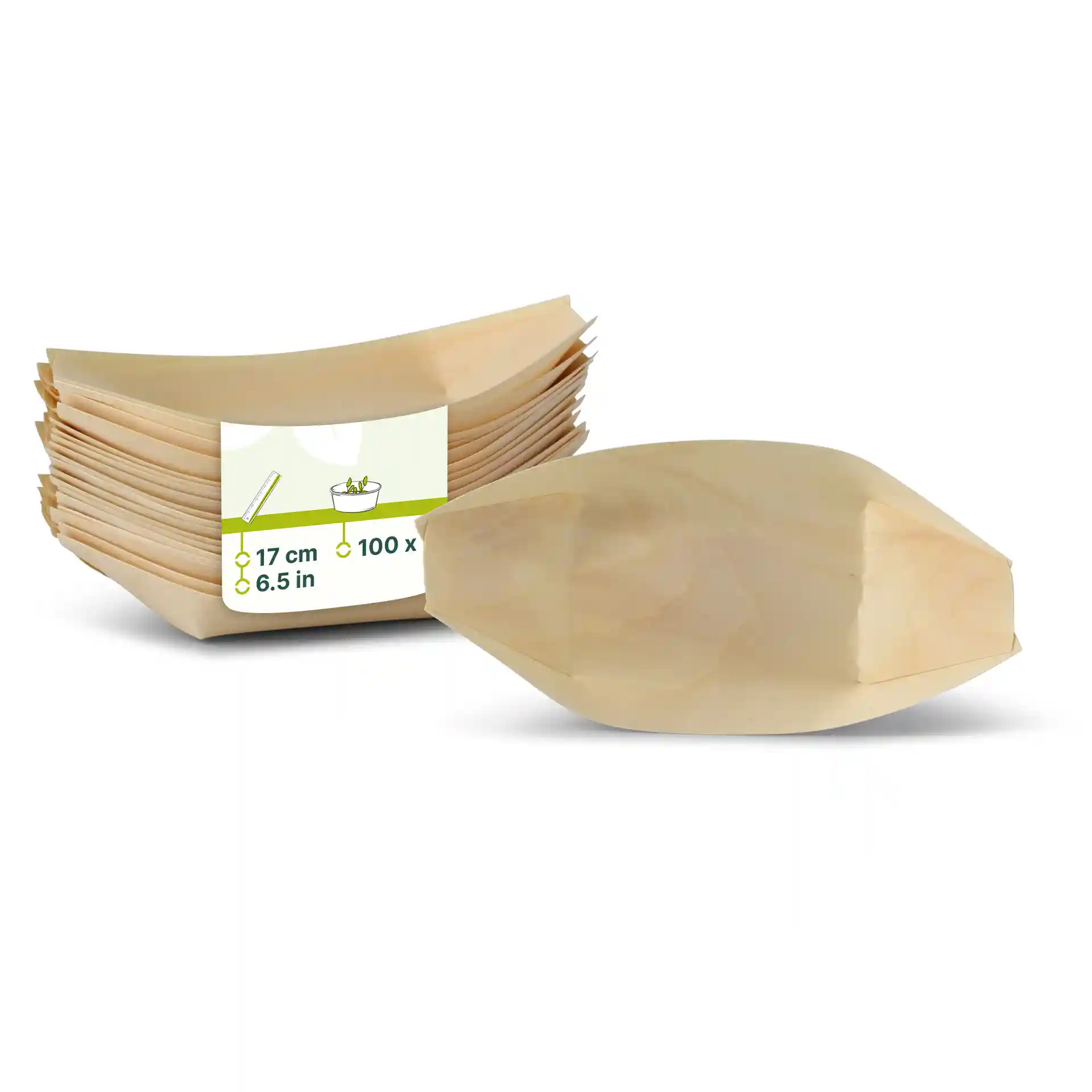 Stapel van houten boten, elk 17 cm groot, met een label dat de hoeveelheid van 100 en de afmetingen toont.