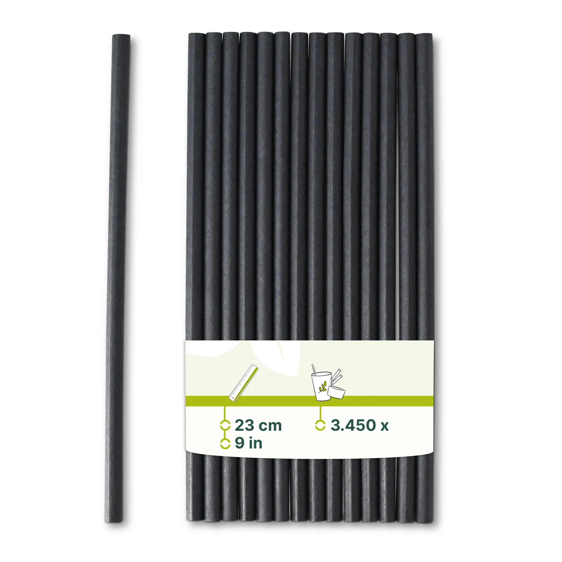 Jumbo papieren rietje 23 cm, Ø 0,8 cm, zwart, verticaal gerold
