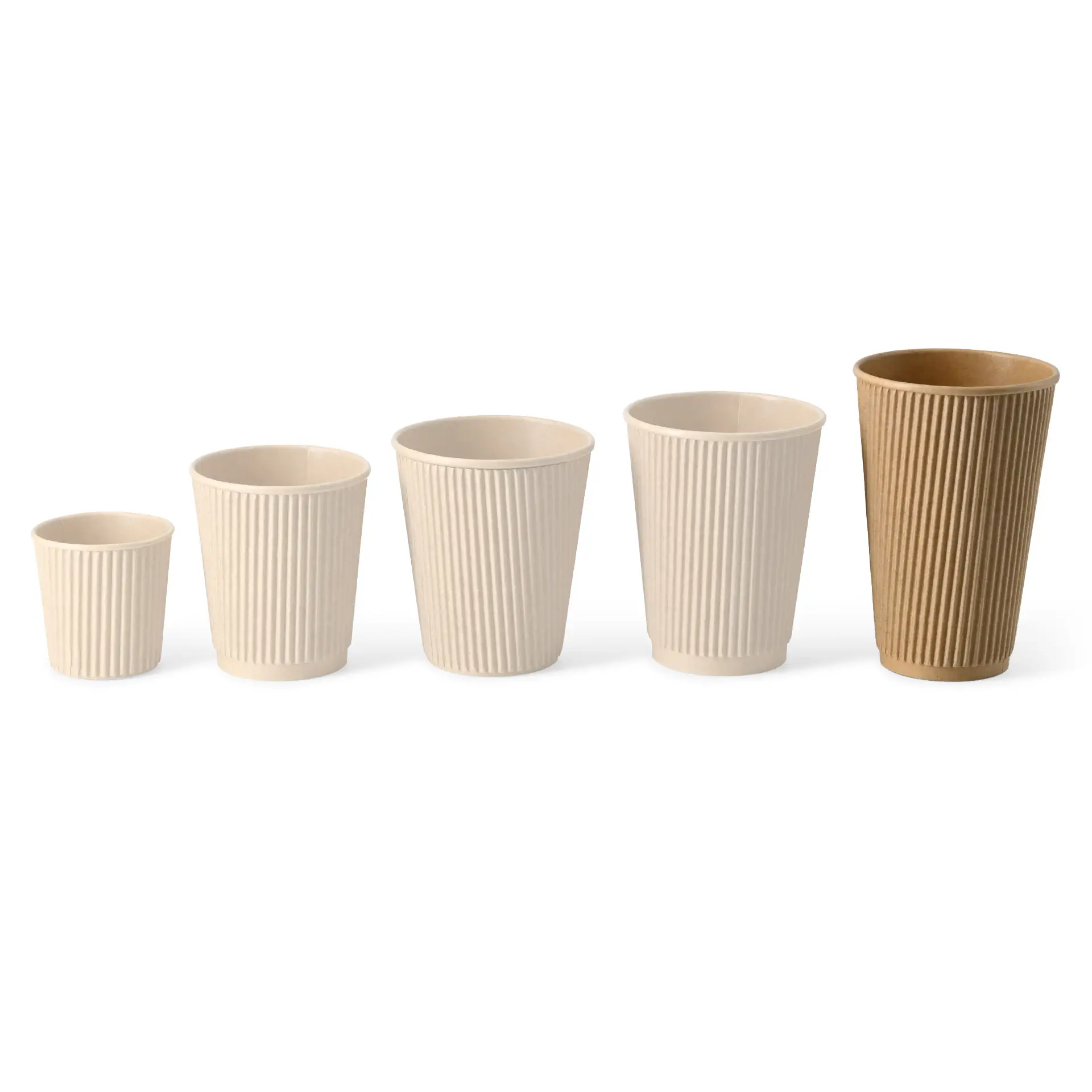 Set van vijf geïsoleerde wegwerpbekers in verschillende maten, met ribbelontwerp en een beige naar bruin kleurverloop.