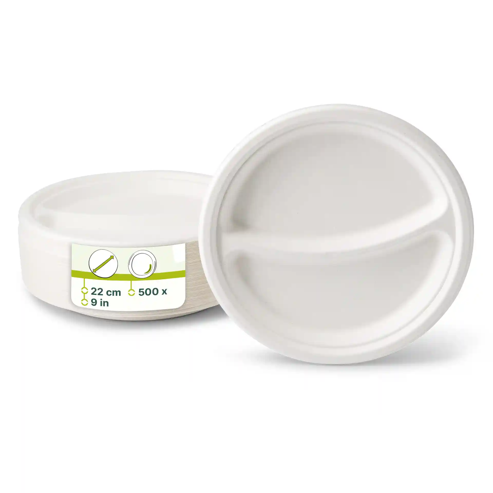 Ronde witte suikerriet menuschotel met twee compartimenten, diameter 22 cm, weergegeven met een label.