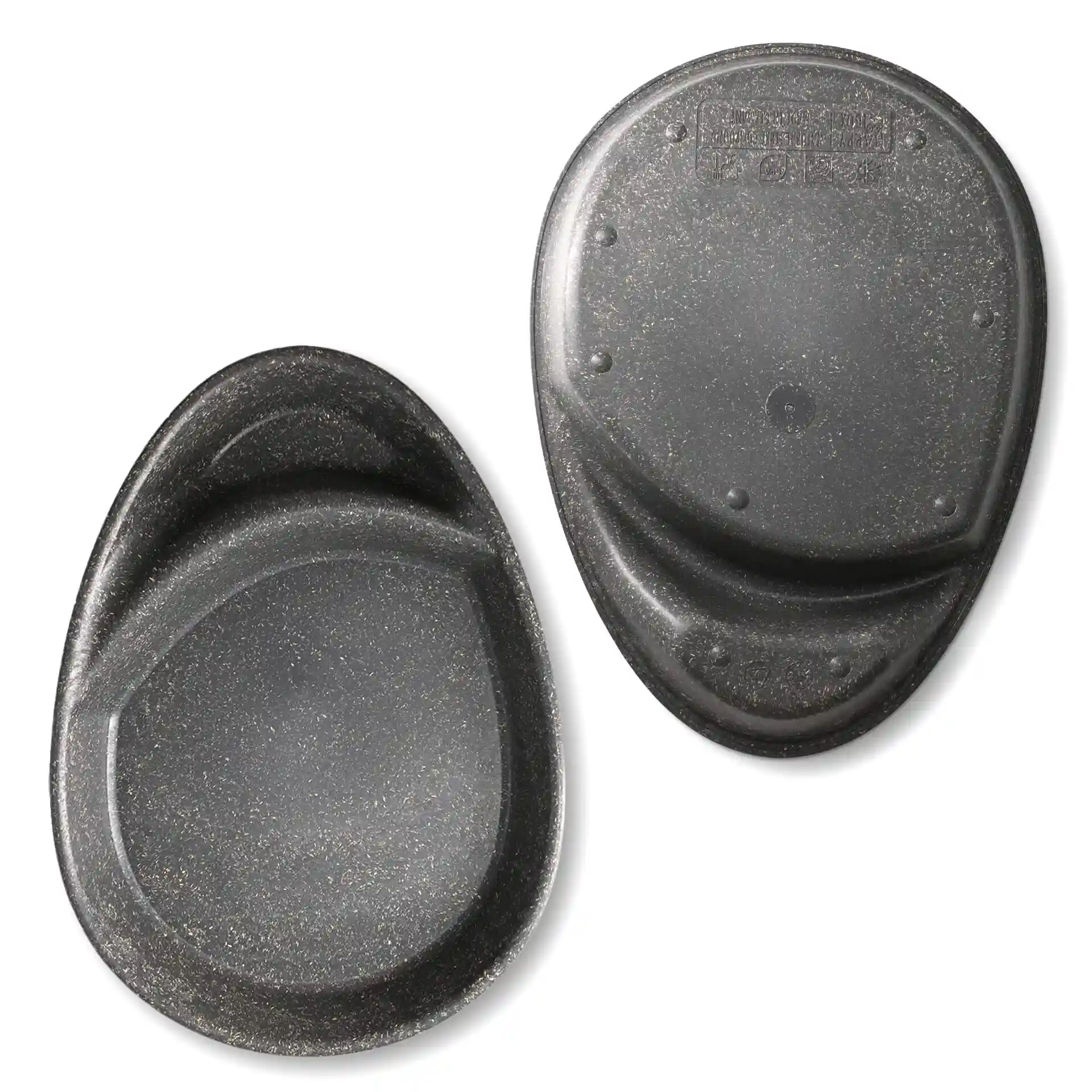 Herbruikbaar verdeeld bord in druppelvorm met twee compartimenten, grijze kleur, afmetingen 27,5 × 20 × 3,5 cm.
