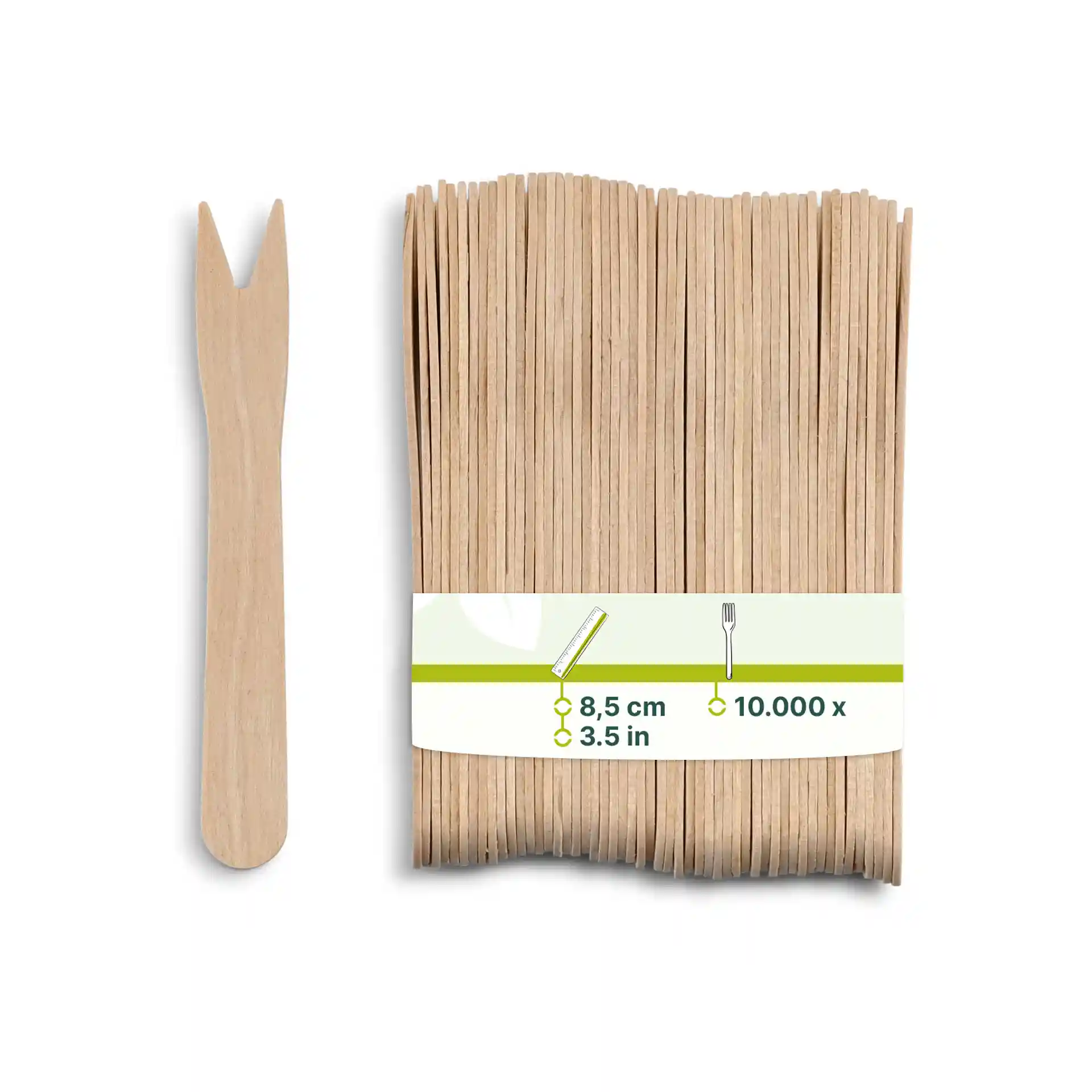 Houten chipvork met een tweezijdige punt, naast een bundel vergelijkbare vorken, op een witte achtergrond.